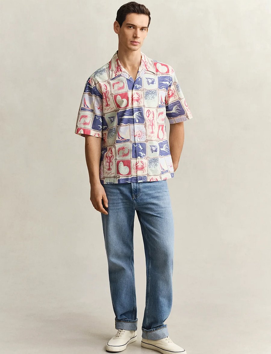 Gant - REL NAUTICAL PRINT SS SHIRT - kortærmede skjorter - creamed white - 4
