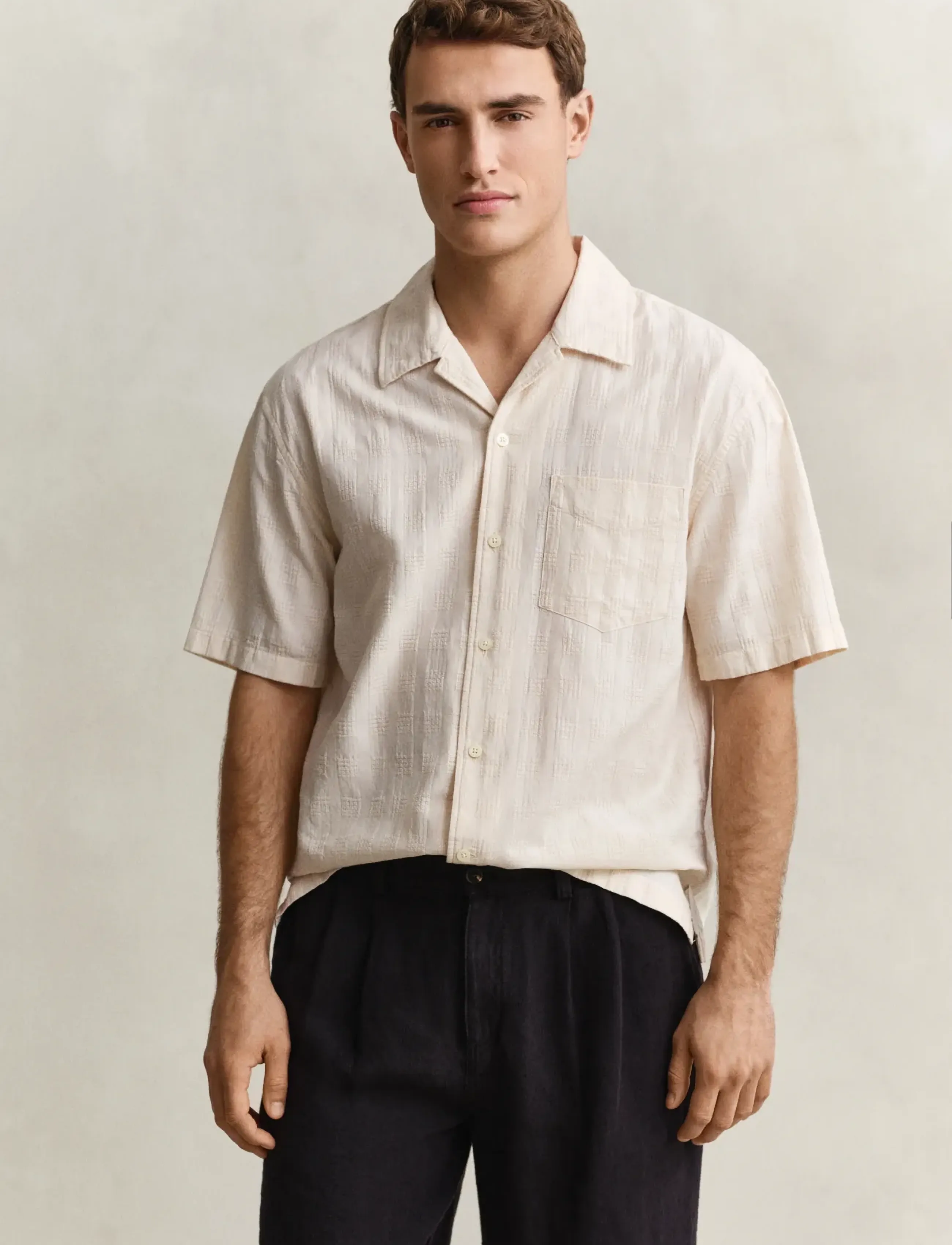 Gant Rel Texture Check Shirt, M, Shirts, Creme - Short-sleeved Männerswear