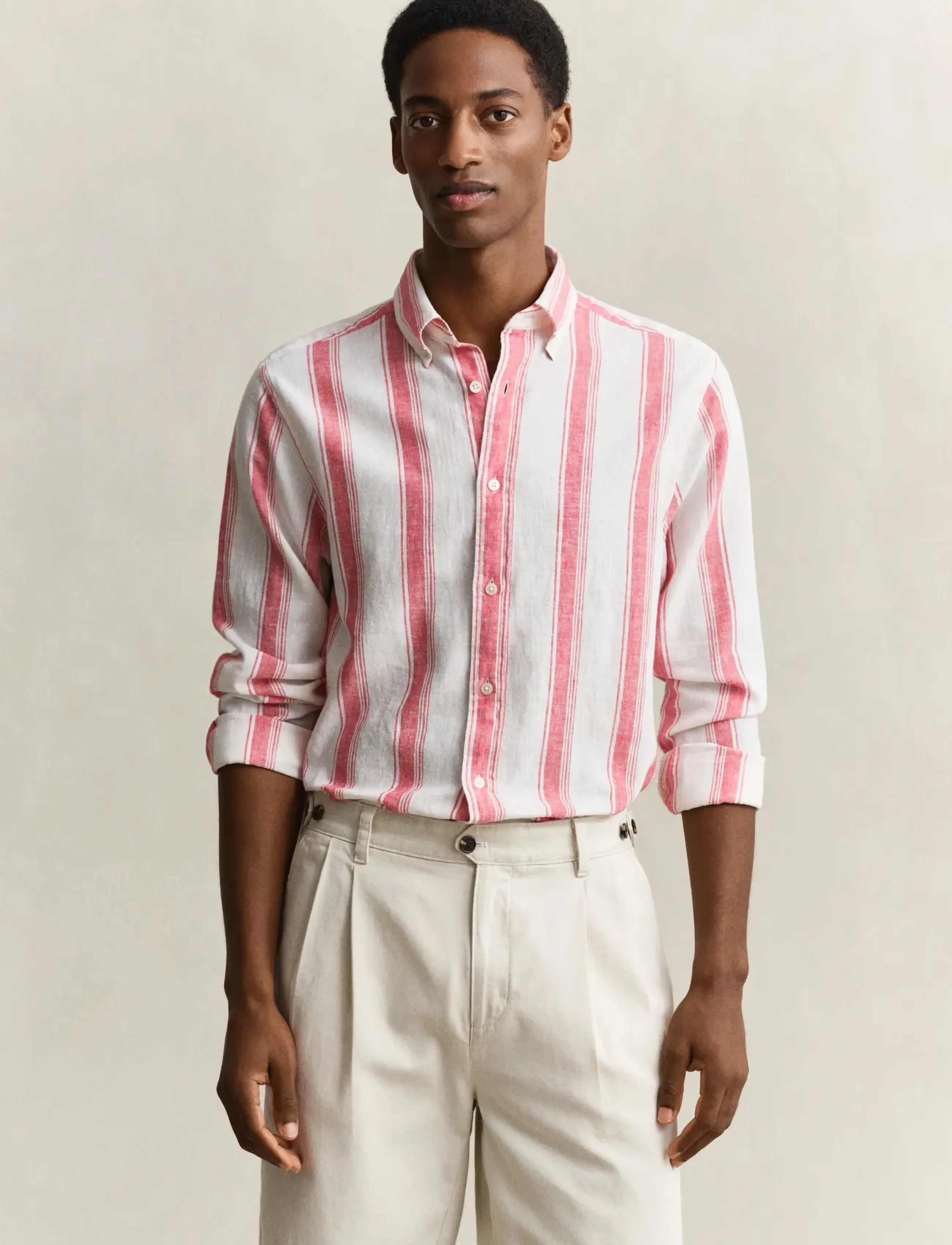 GANT REG COTTON LINEN STRIPE SHIRT - Linen shirts - ROSE RED / pink/rose