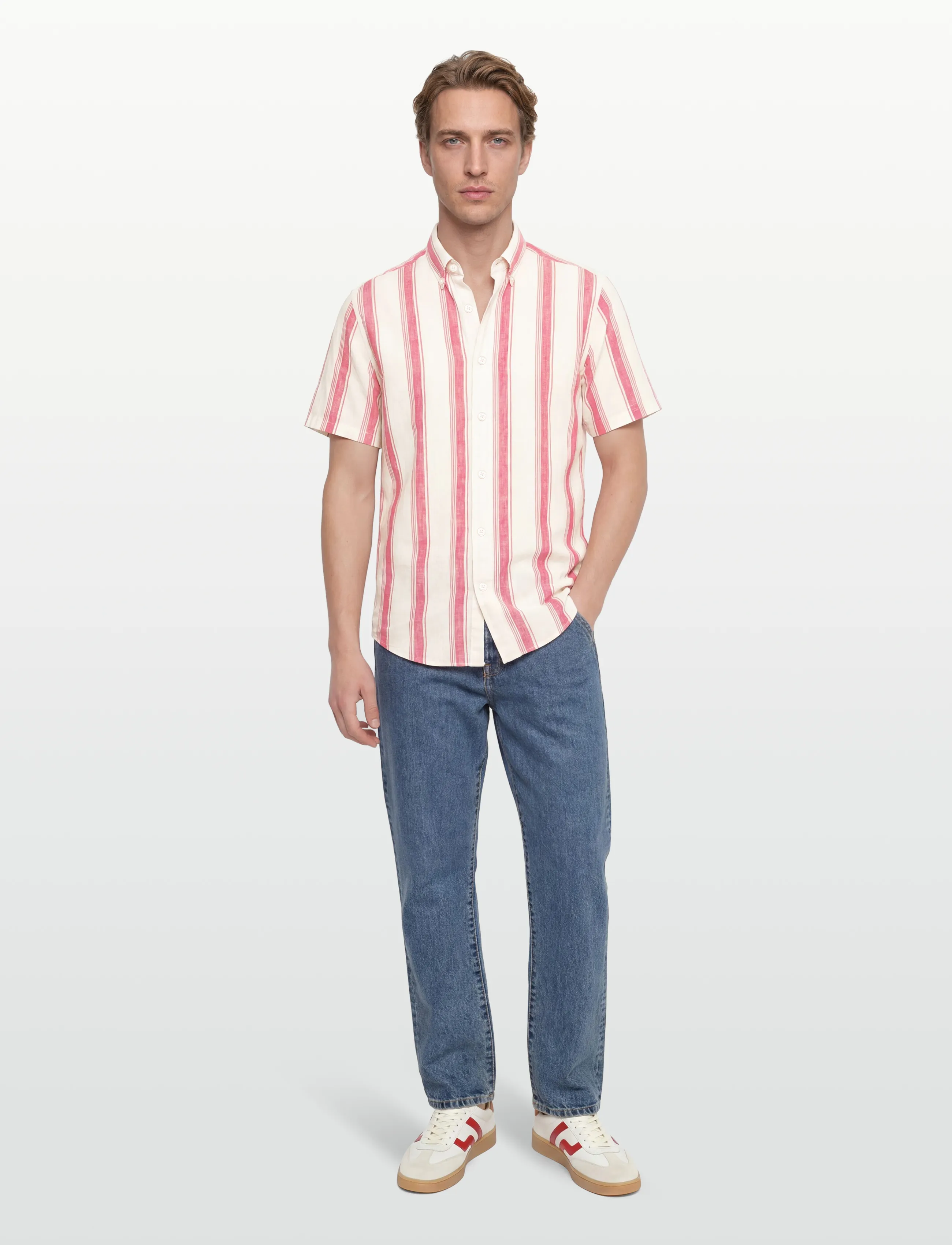 GANT REG COTTON LINEN STRIPE SS SHIRT - Linnekläder - ROSE RED / pink/rose