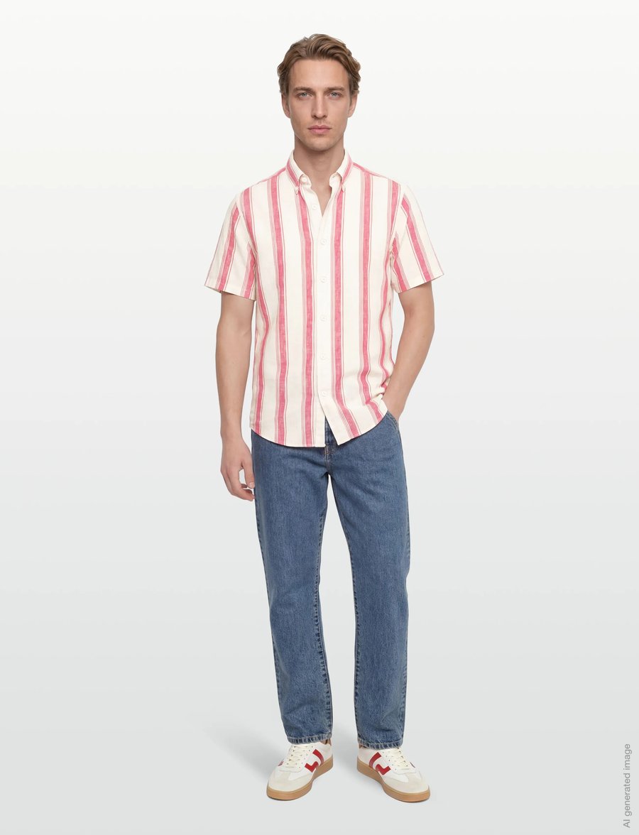 Gant - REG COTTON LINEN STRIPE SS SHIRT - chemises à manches courtes - rose red - 0