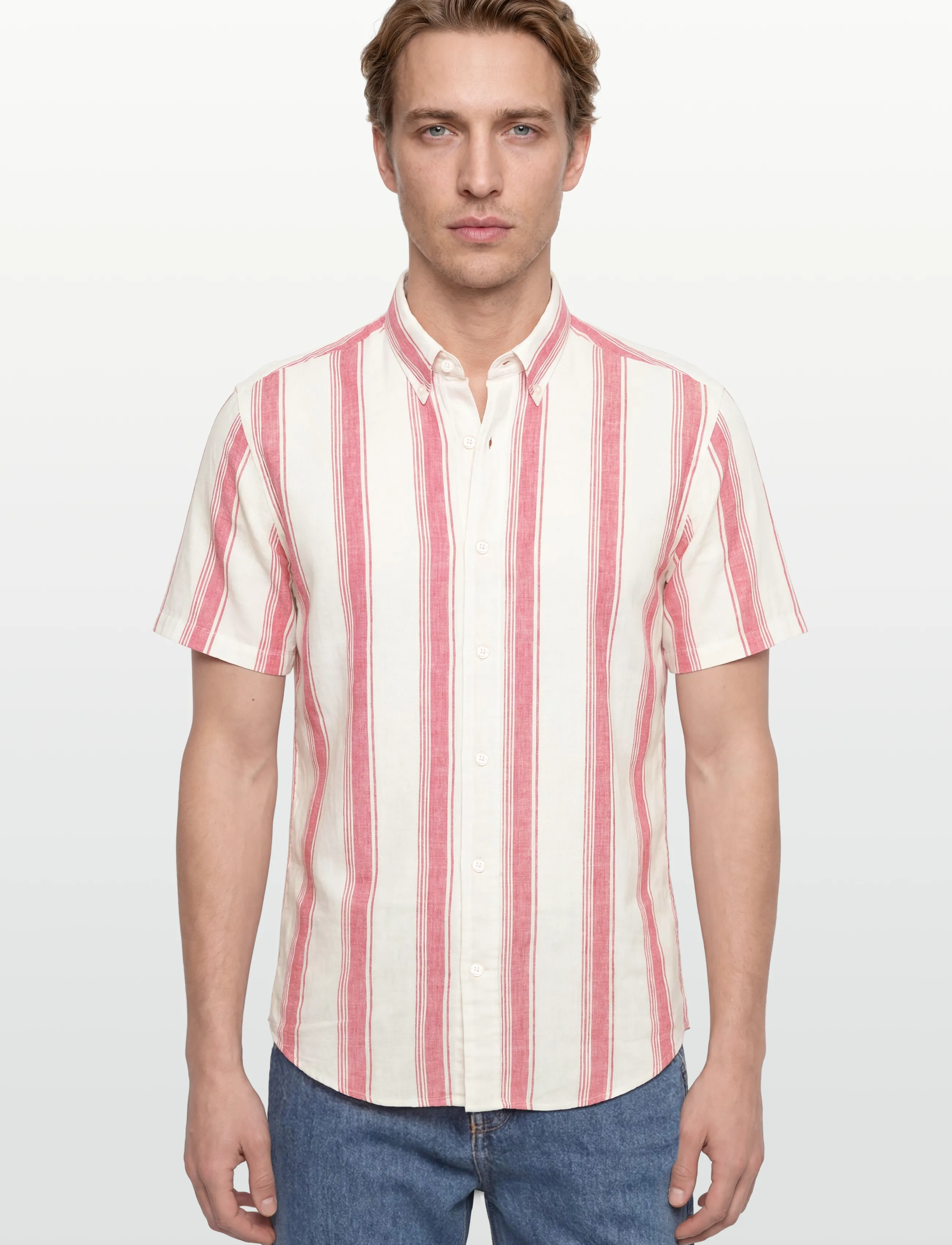 Gant - REG COTTON LINEN STRIPE SS SHIRT - chemises à manches courtes - rose red - 3