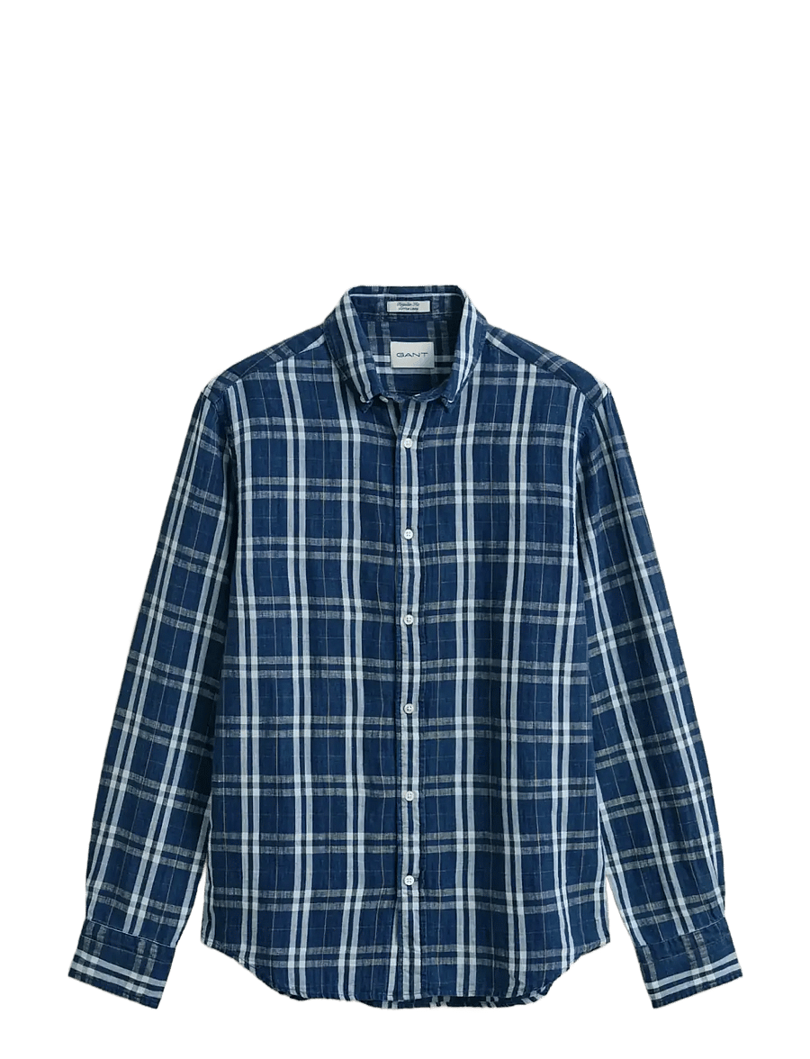 Gant - REG COTTON LINEN INDIGO CHK SHIRT - hørskjorter - light indigo - 1