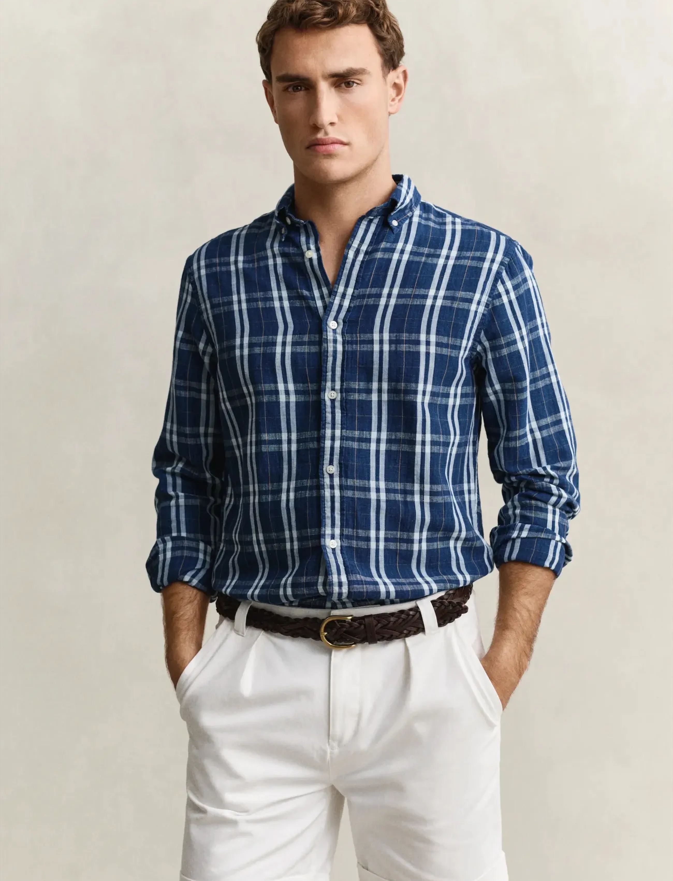 Gant REG COTTON LINEN INDIGO CHK SHIRT - Ternede skjorter - LIGHT INDIGO / navy