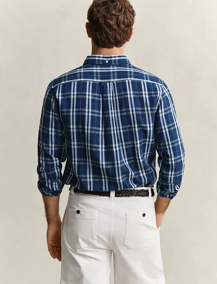 Gant - REG COTTON LINEN INDIGO CHK SHIRT - hørskjorter - light indigo - 2