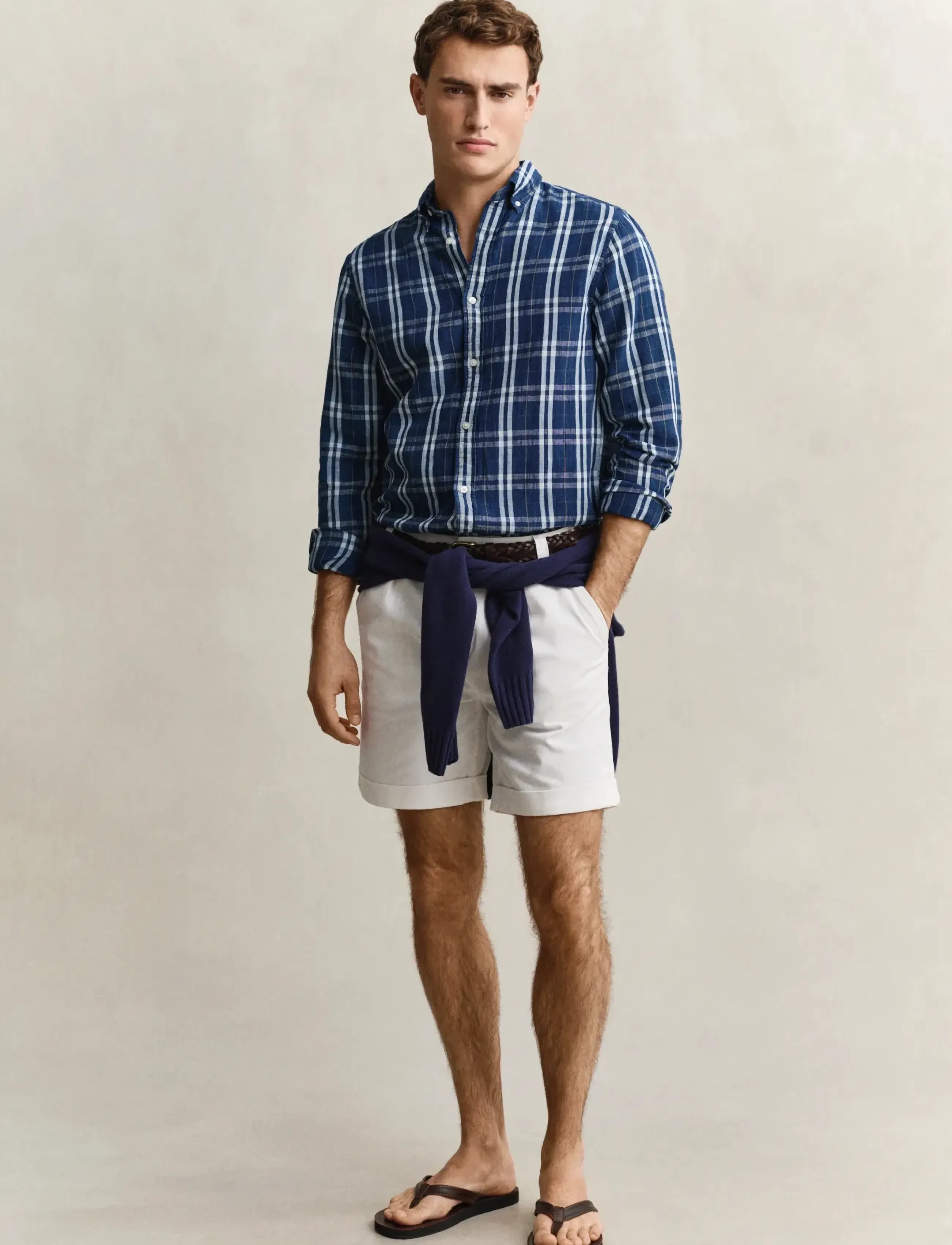 Gant - REG COTTON LINEN INDIGO CHK SHIRT - hørskjorter - light indigo - 4