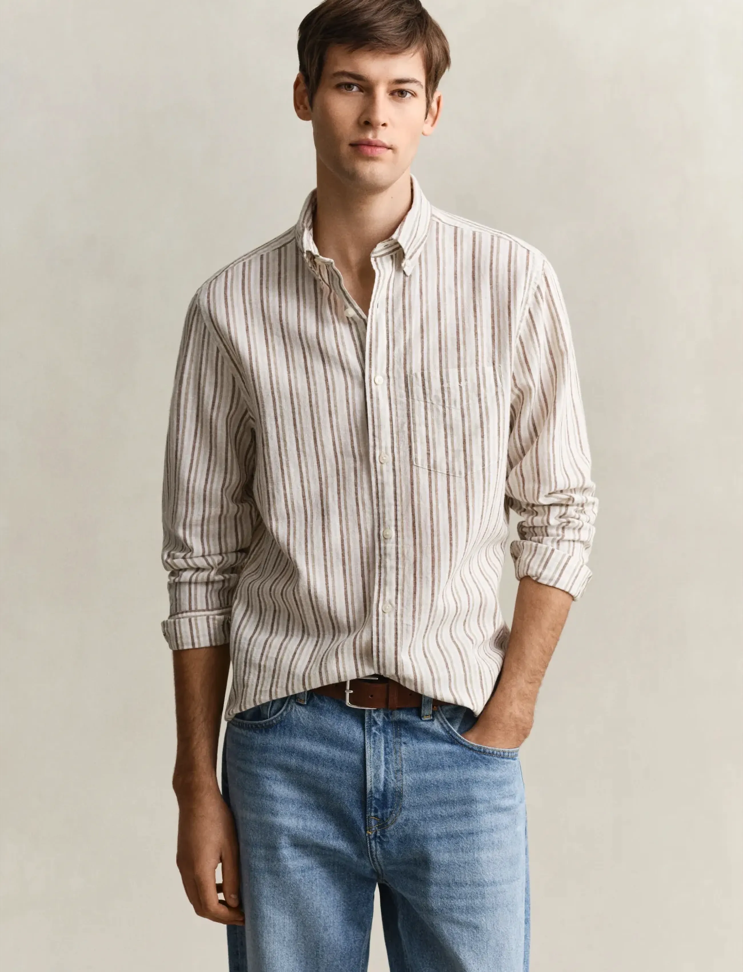GANT REG COTTON LINEN STRIPE SHIRT - Skjorter - LIGHT TAUPE / multi