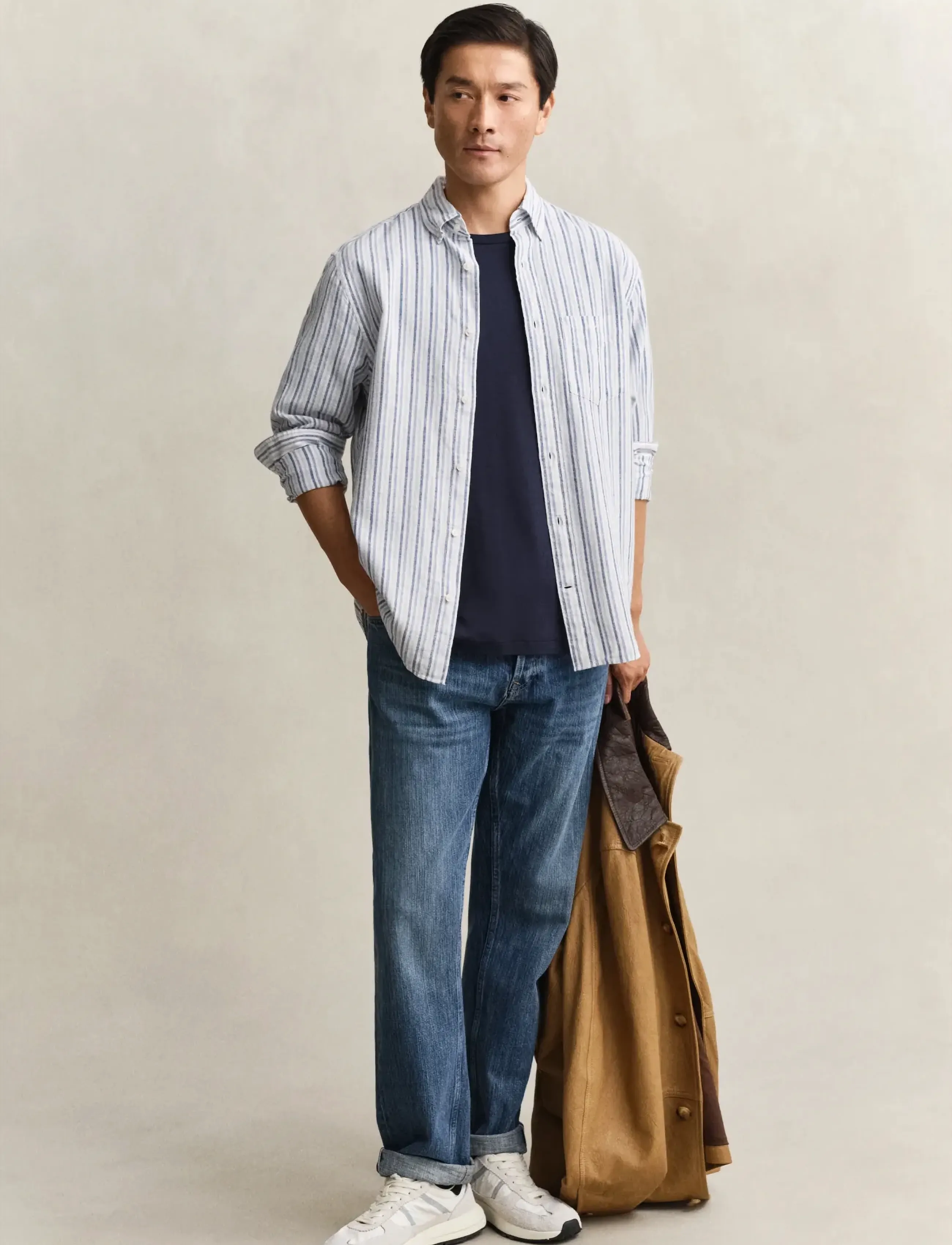 Gant - REG COTTON LINEN STRIPE SHIRT - striped shirts - vintage blue - 4