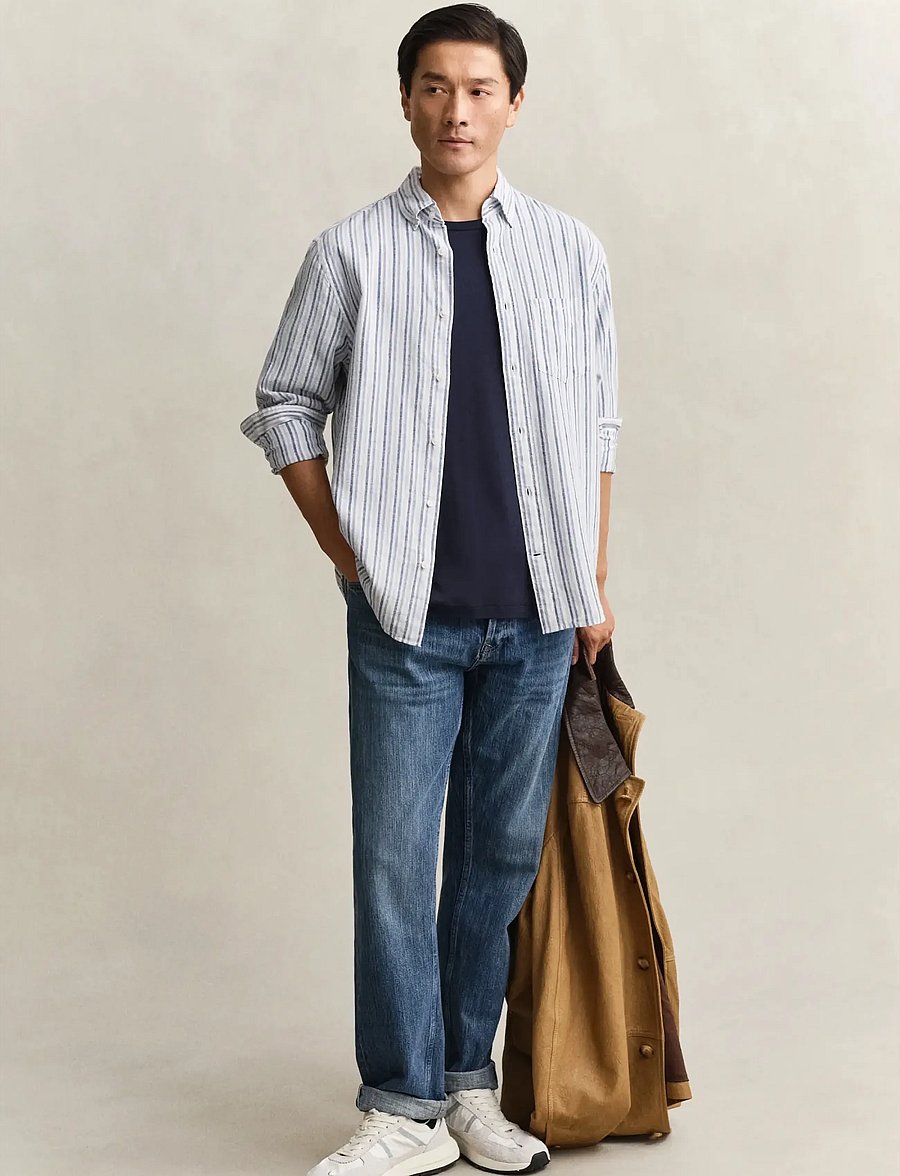 Gant - REG COTTON LINEN STRIPE SHIRT - gestreifte hemden - vintage blue - 4