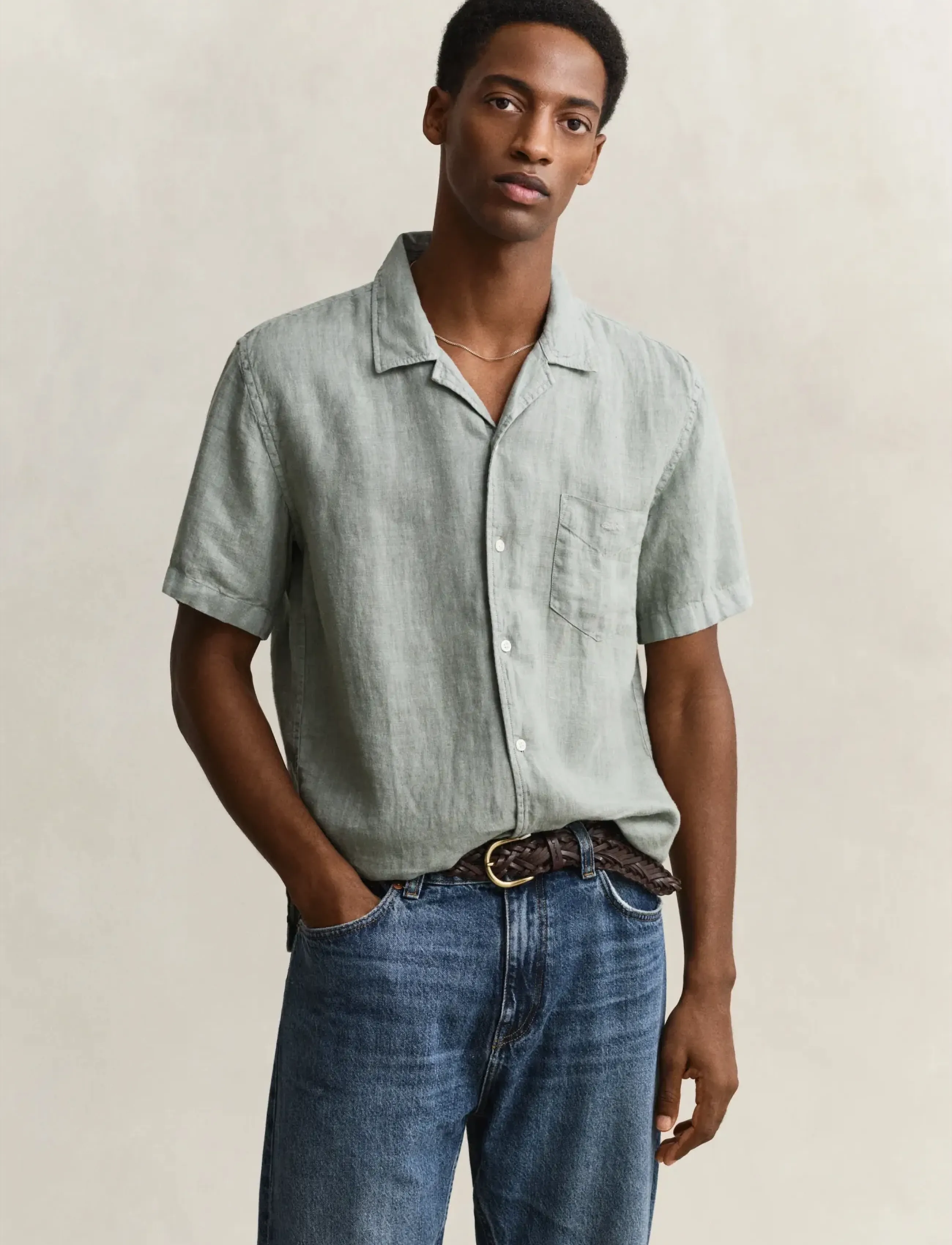 Gant Reg Gmnt Dyed Linen Ss Camp Shirt, M, Shirts, Grün - Short-sleeved Männerswear