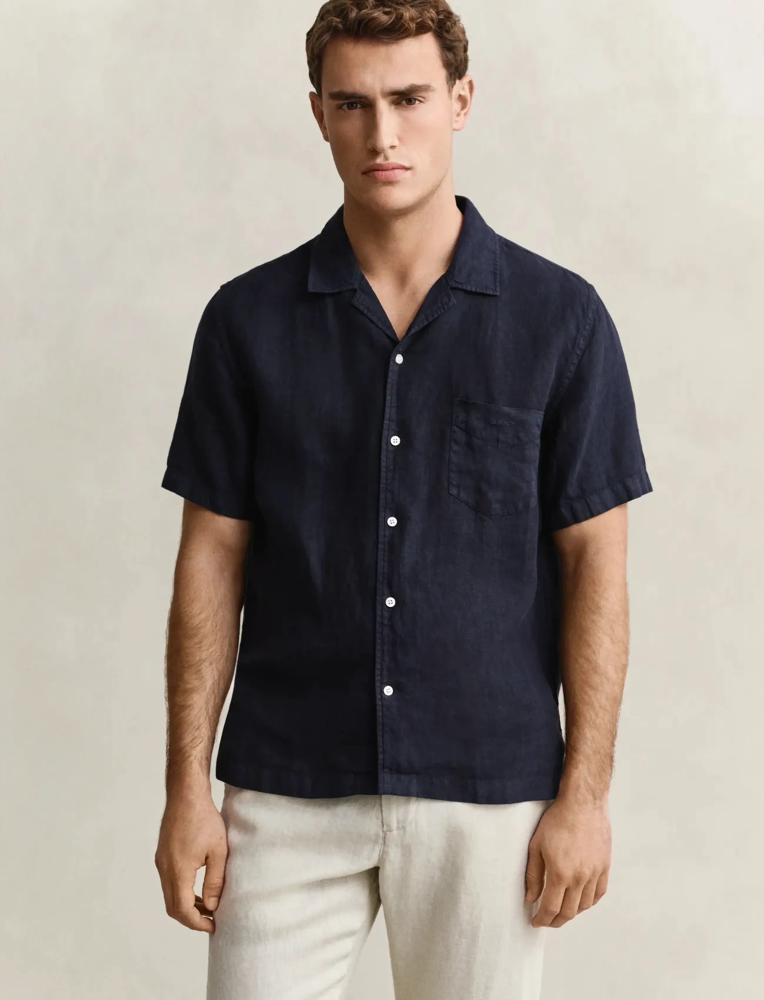Gant Reg Gmnt Dyed Linen Ss Camp Shirt, XL, Shirts, Marineblau - Short-sleeved Männerswear