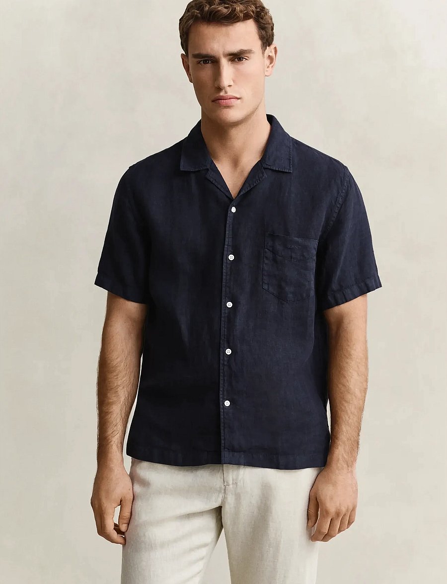 Gant - REG GMNT DYED LINEN SS CAMP SHIRT - kurzarmhemden - evening blue - 0