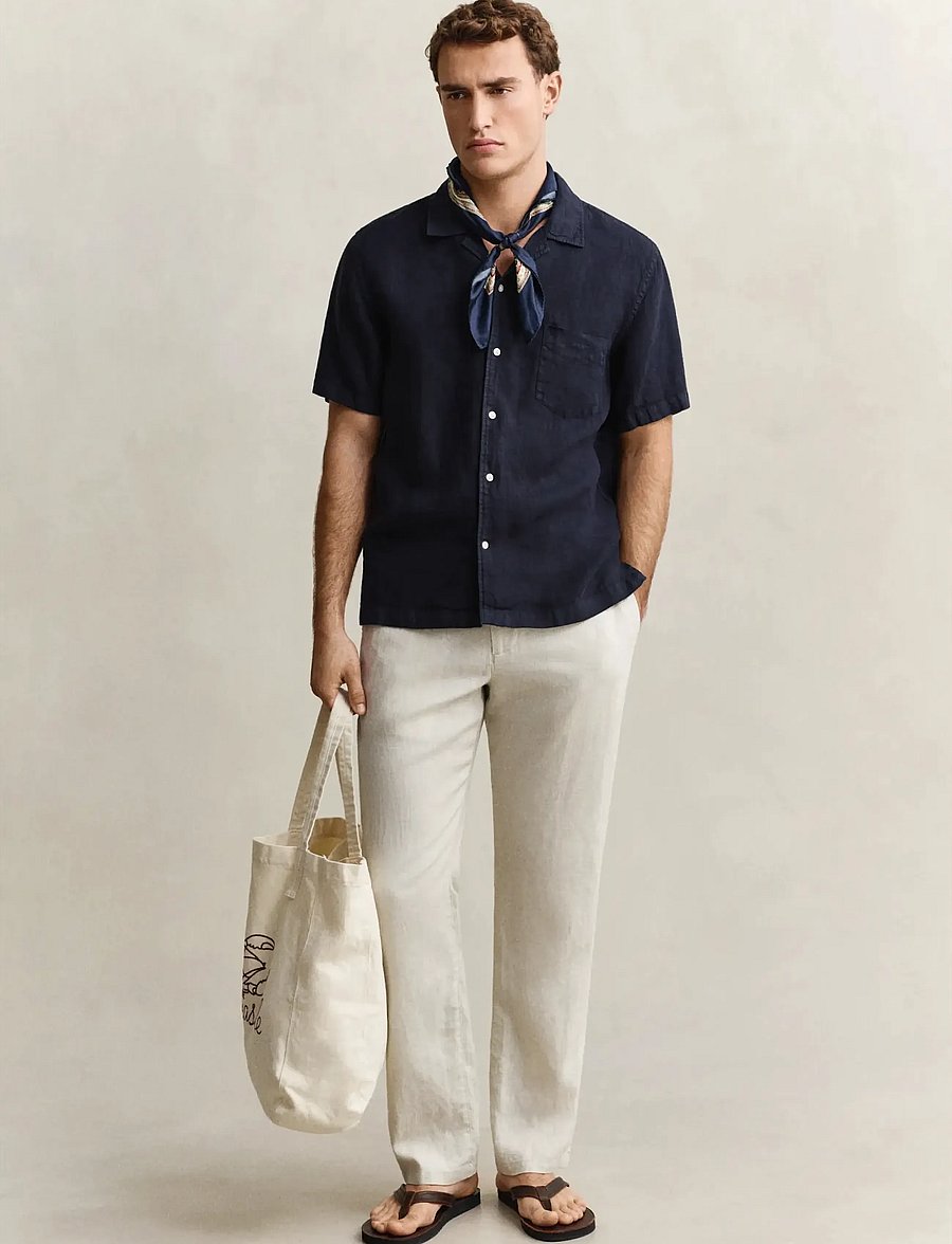 Gant - REG GMNT DYED LINEN SS CAMP SHIRT - kurzarmhemden - evening blue - 4