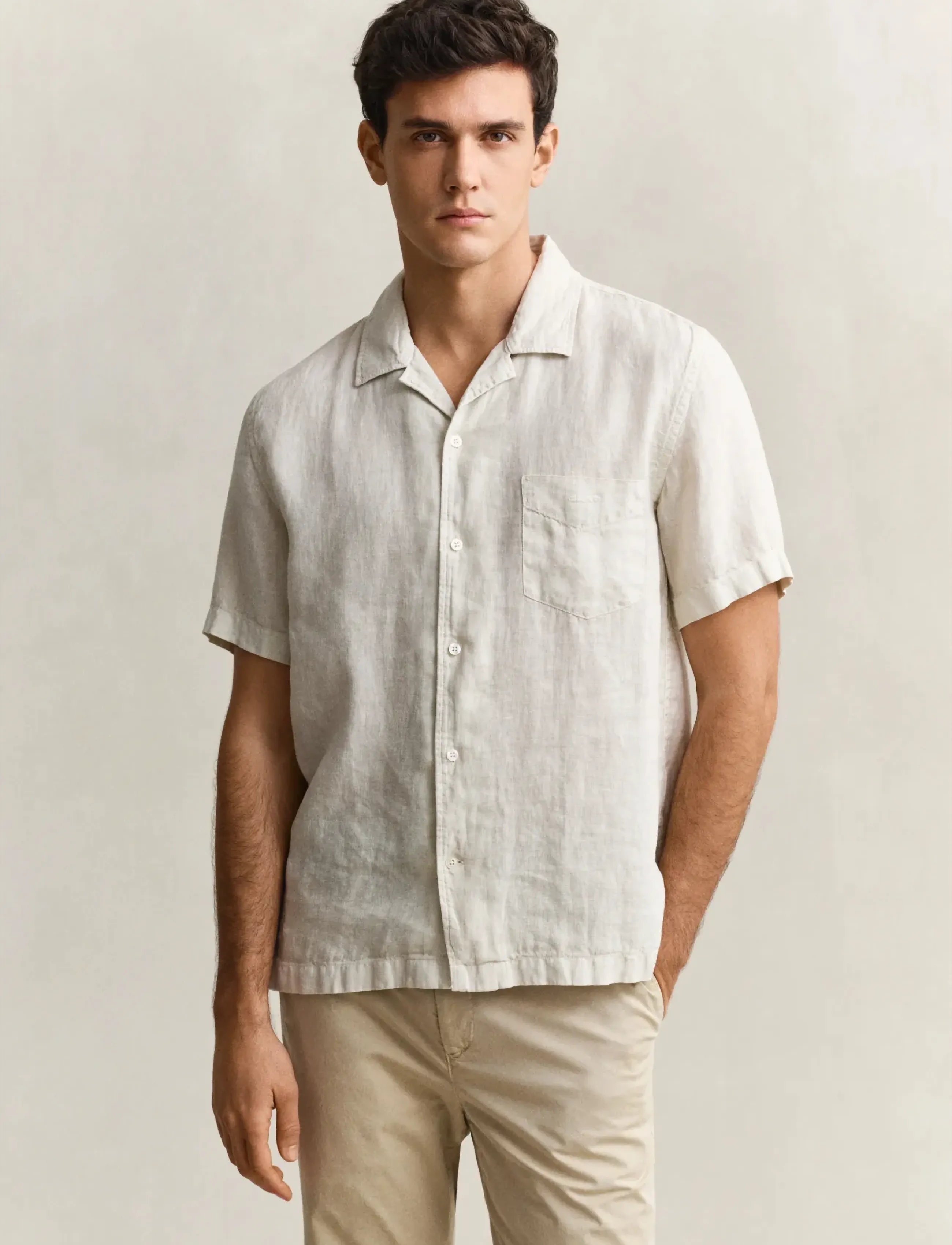 Gant Reg Gmnt Dyed Linen Ss Camp Shirt, Mænd, Camp Skjorte, Beige, Str: XXXL