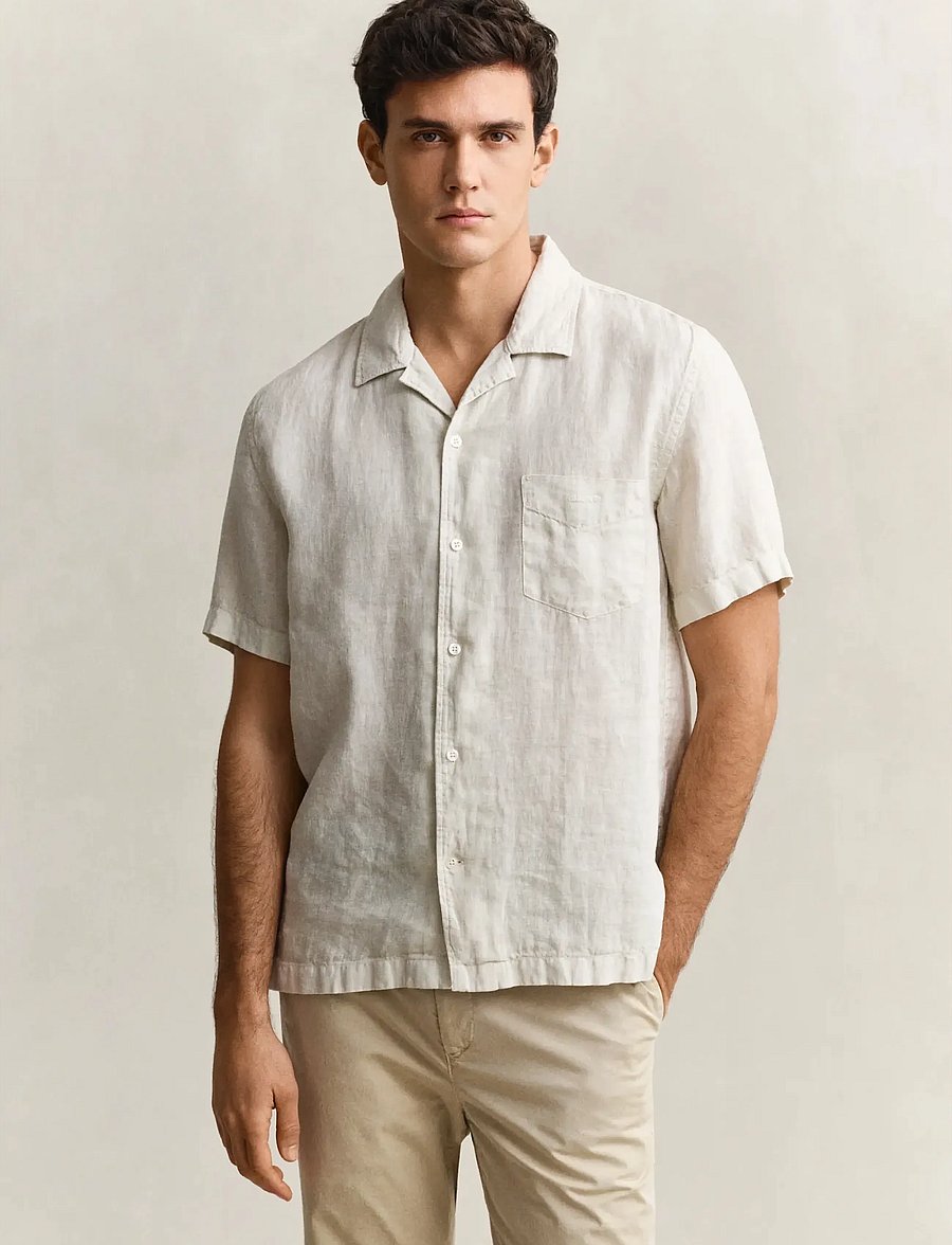 Gant - REG GMNT DYED LINEN SS CAMP SHIRT - short-sleeved shirts - sand - 0