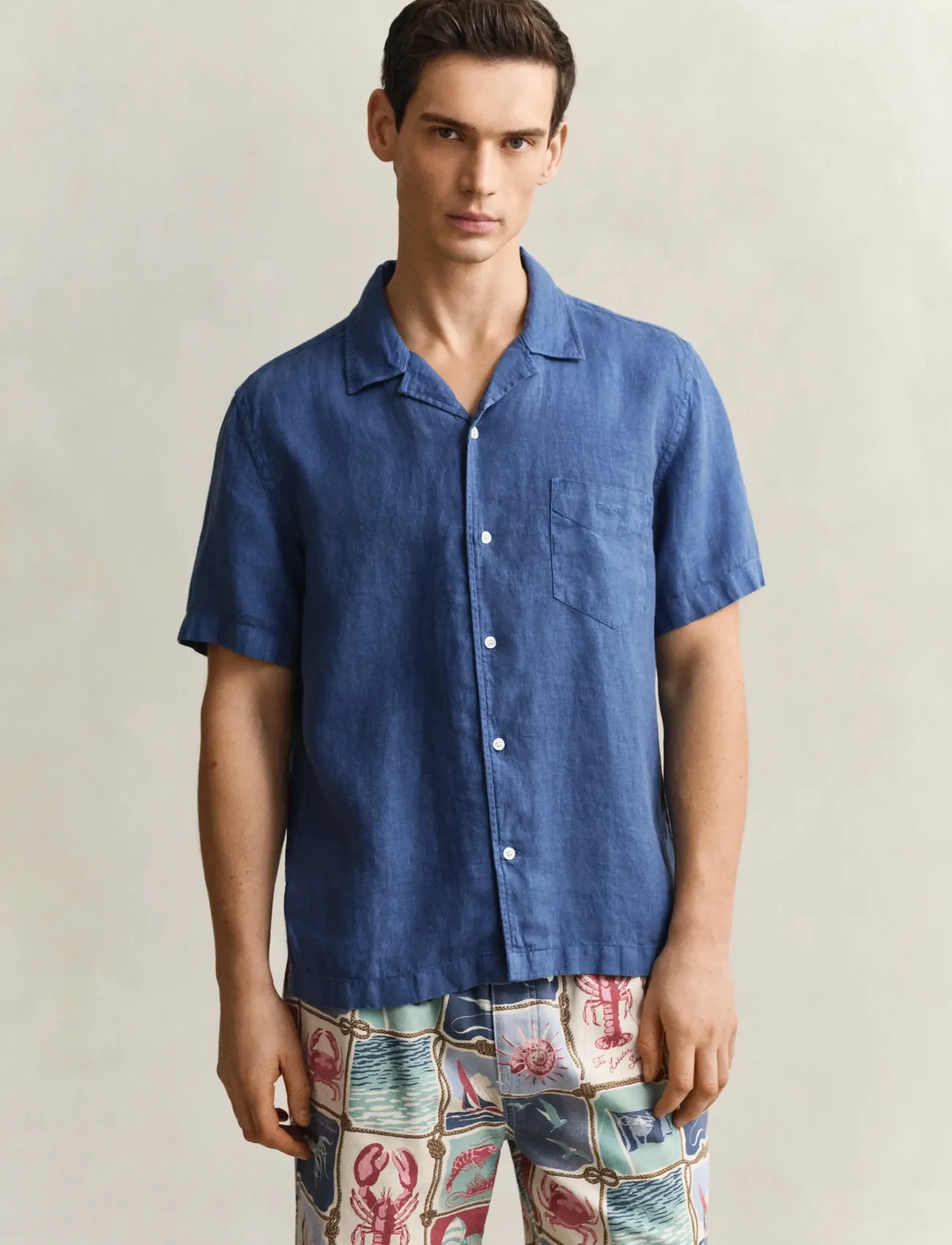 Gant Reg Gmnt Dyed Linen Ss Camp Shirt, M, Shirts, Blau - Short-sleeved Männerswear