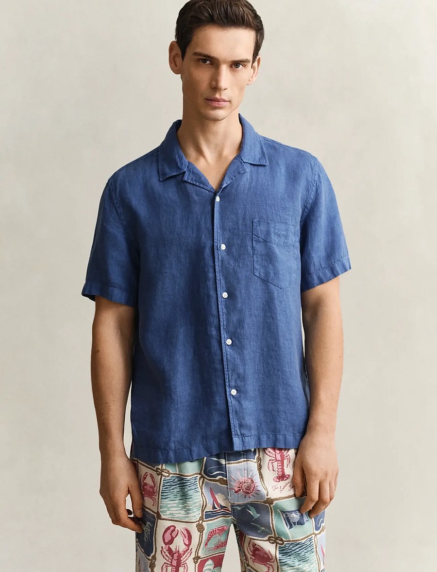 Gant - REG GMNT DYED LINEN SS CAMP SHIRT - short-sleeved shirts - vintage blue - 0