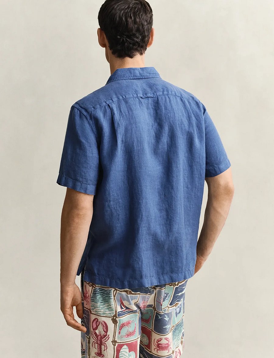 Gant - REG GMNT DYED LINEN SS CAMP SHIRT - short-sleeved shirts - vintage blue - 2