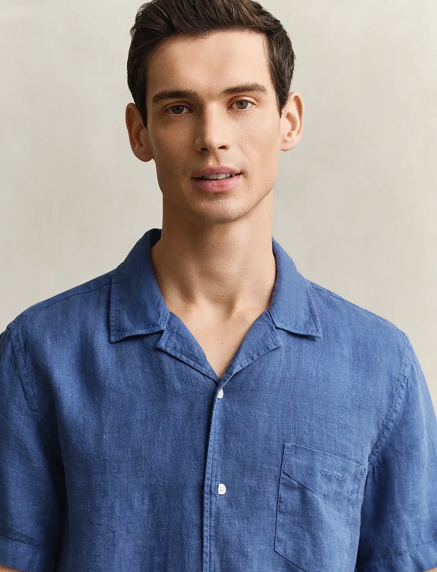 Gant - REG GMNT DYED LINEN SS CAMP SHIRT - short-sleeved shirts - vintage blue - 3