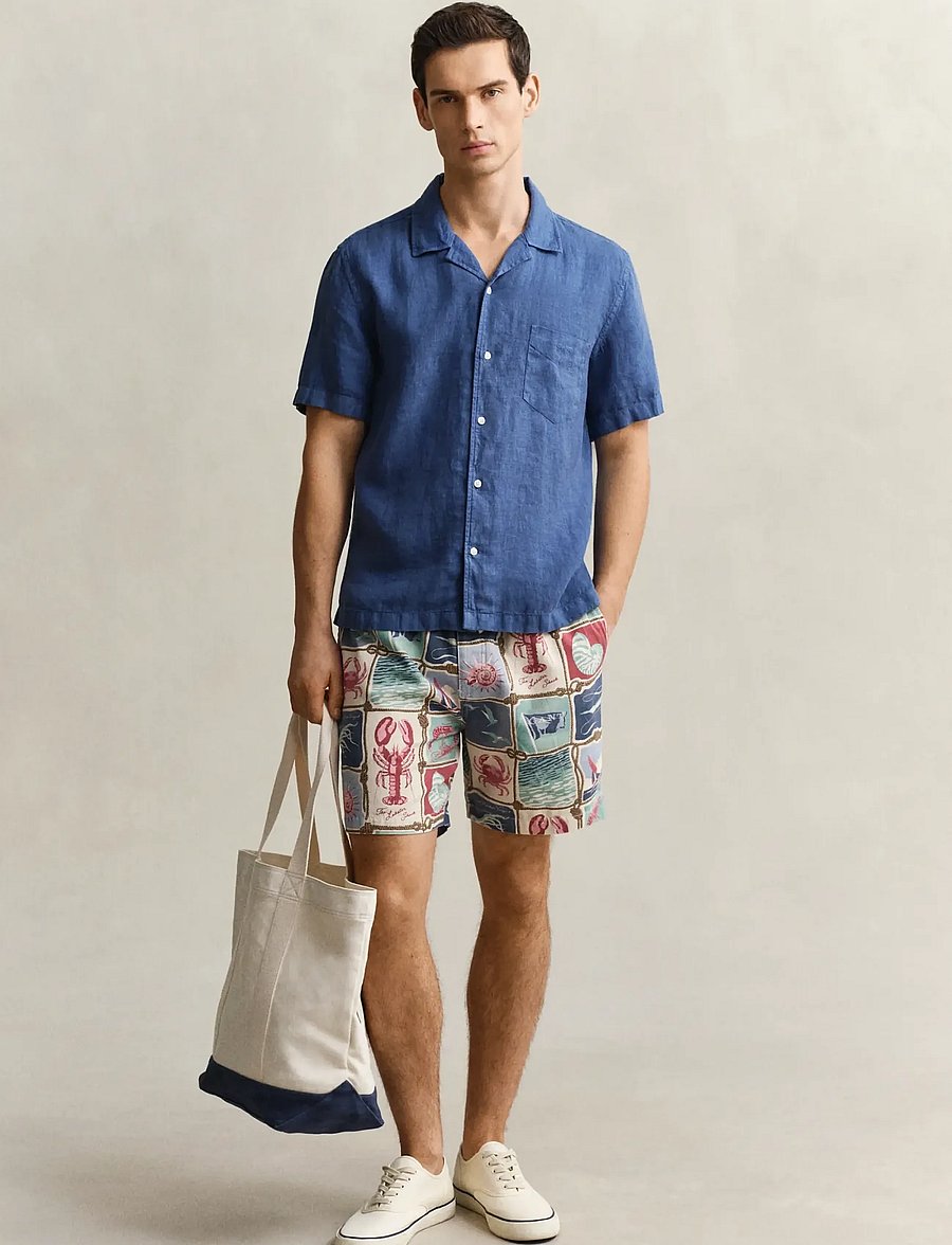 Gant - REG GMNT DYED LINEN SS CAMP SHIRT - short-sleeved shirts - vintage blue - 4