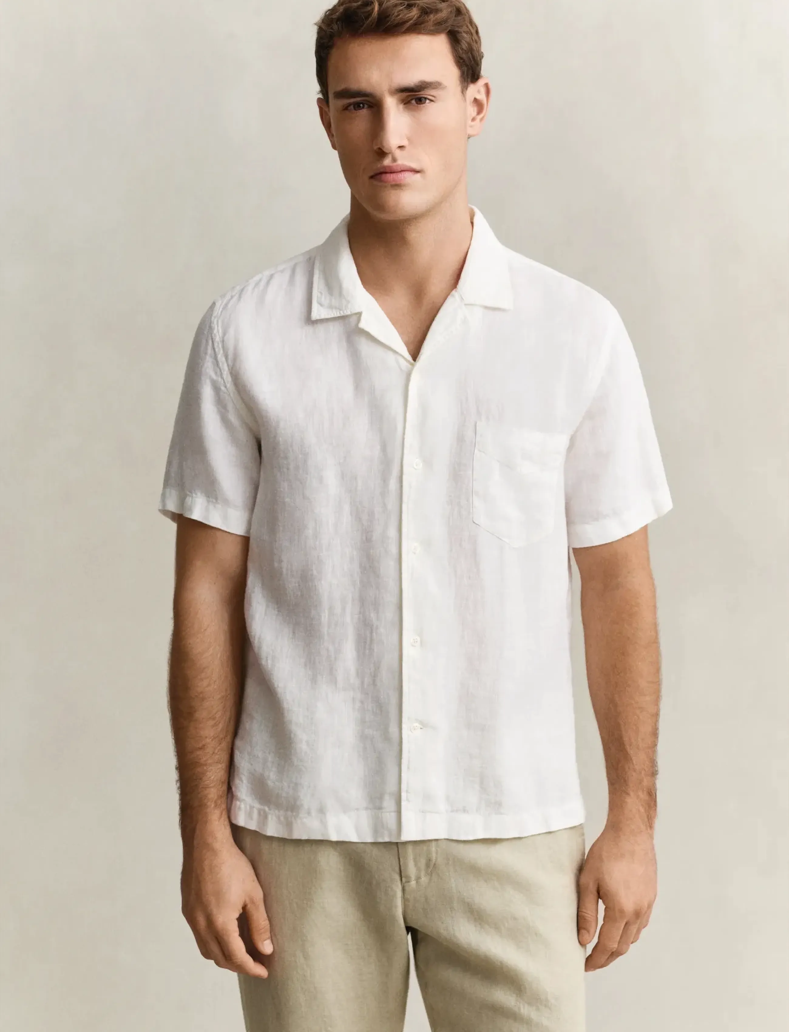 Gant Reg Gmnt Dyed Linen Ss Camp Shirt, Mænd, Camp Skjorte, Hvid, Str: L