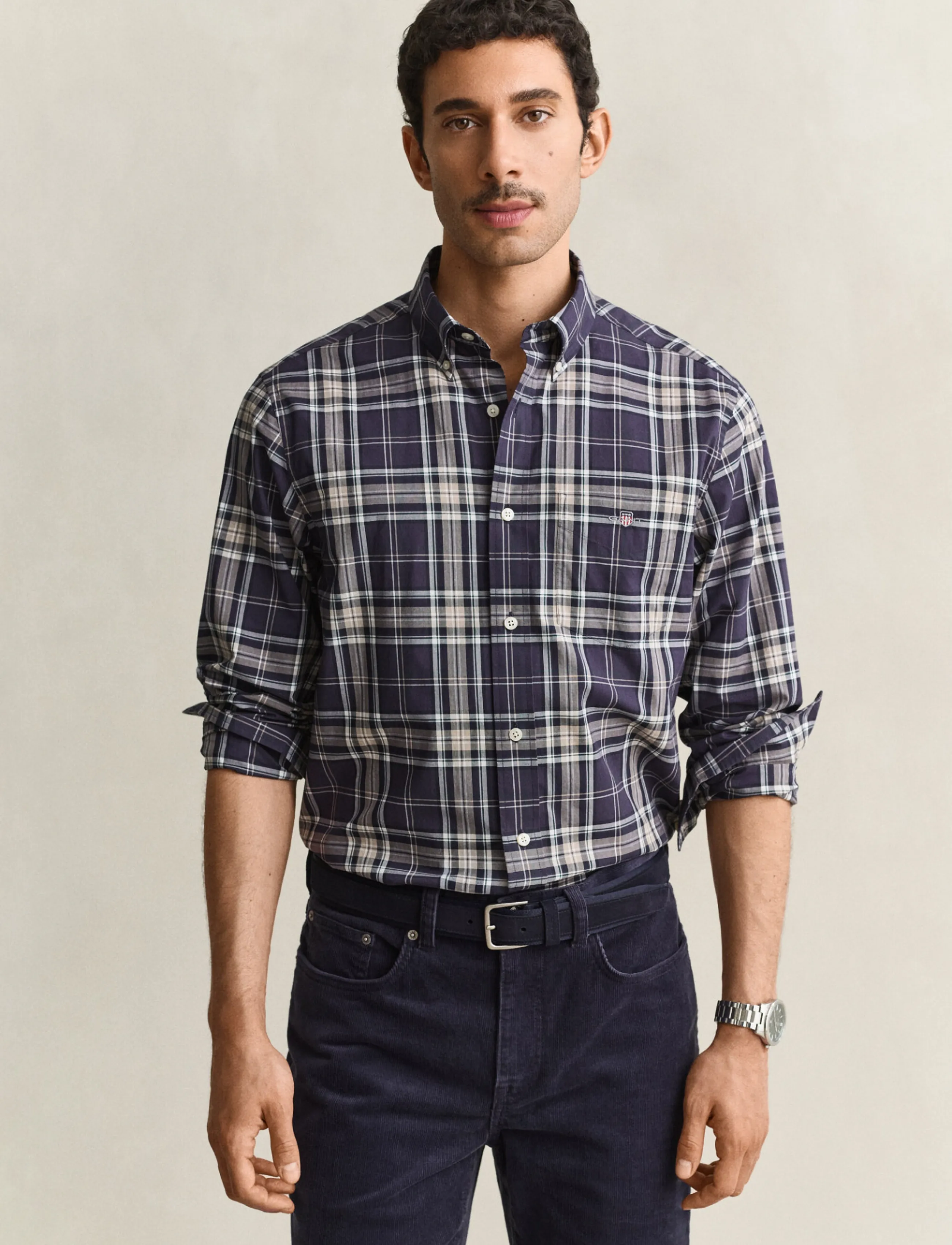 Gant REG POPLIN CHECK SHIRT - Nach Stil kaufen - MIST TAUPE / navy