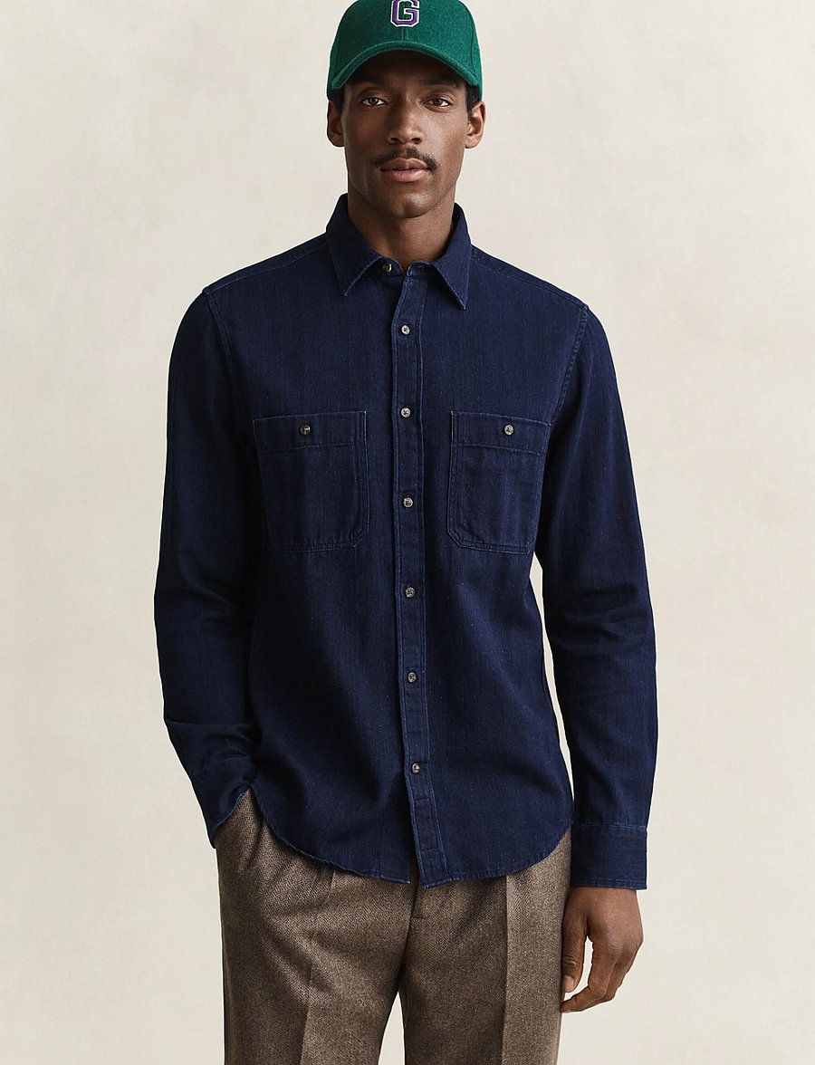 Gant - REG INDIGO HERRINGBONE SHIRT - jeansskjortor - dark blue - 0