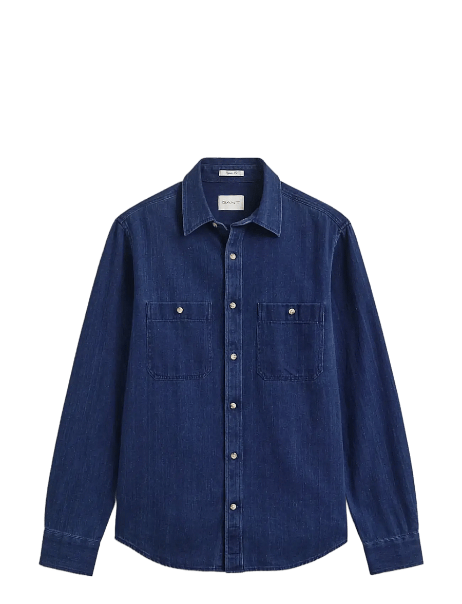 Gant - REG INDIGO HERRINGBONE SHIRT - jeansskjortor - mid blue - 1