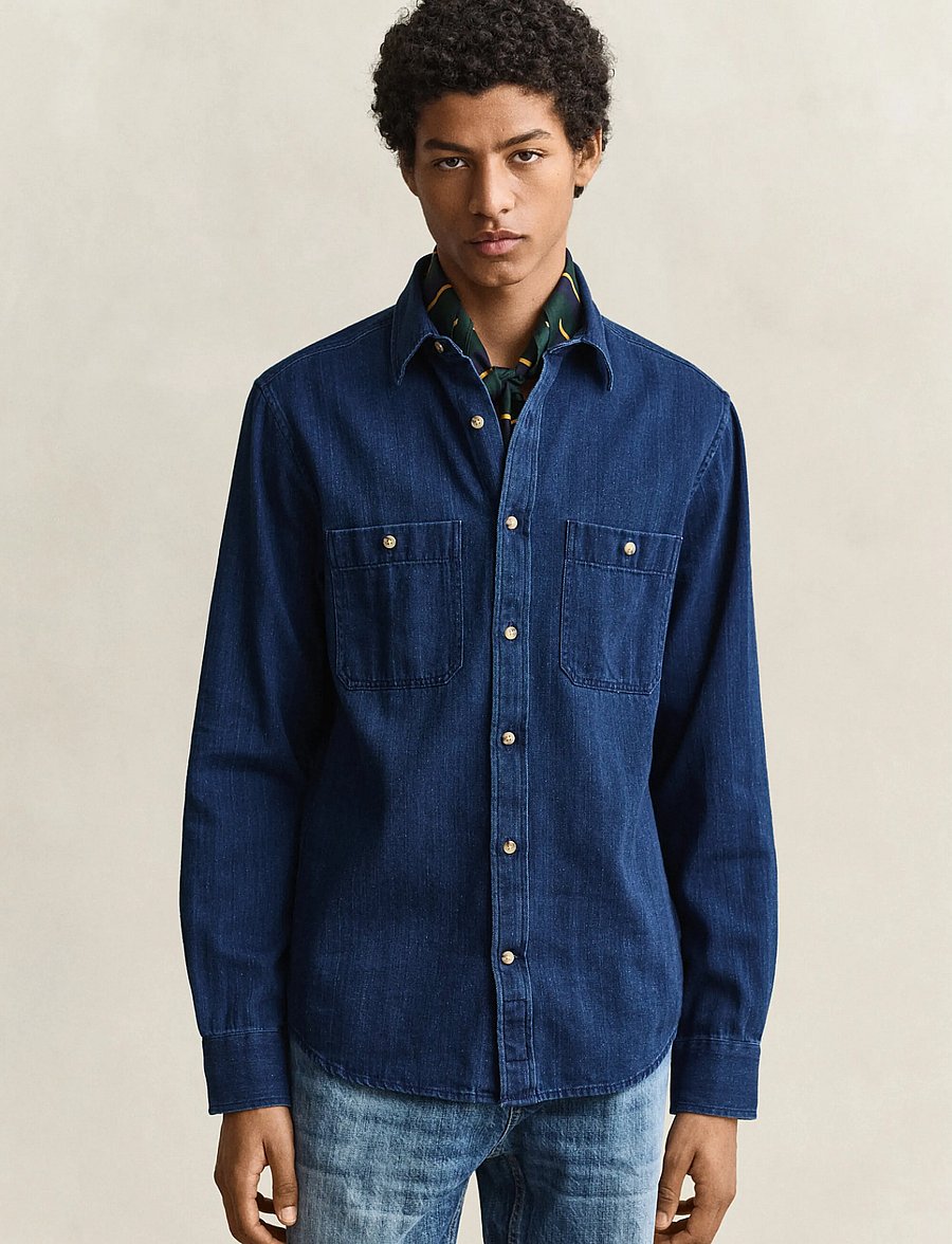 Gant - REG INDIGO HERRINGBONE SHIRT - jeansskjortor - mid blue - 0
