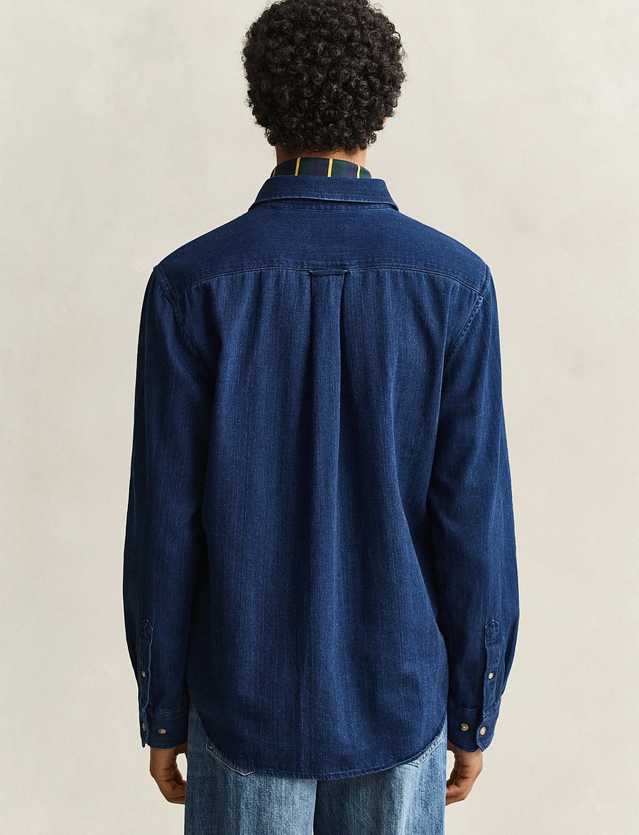 Gant - REG INDIGO HERRINGBONE SHIRT - jeansskjortor - mid blue - 2