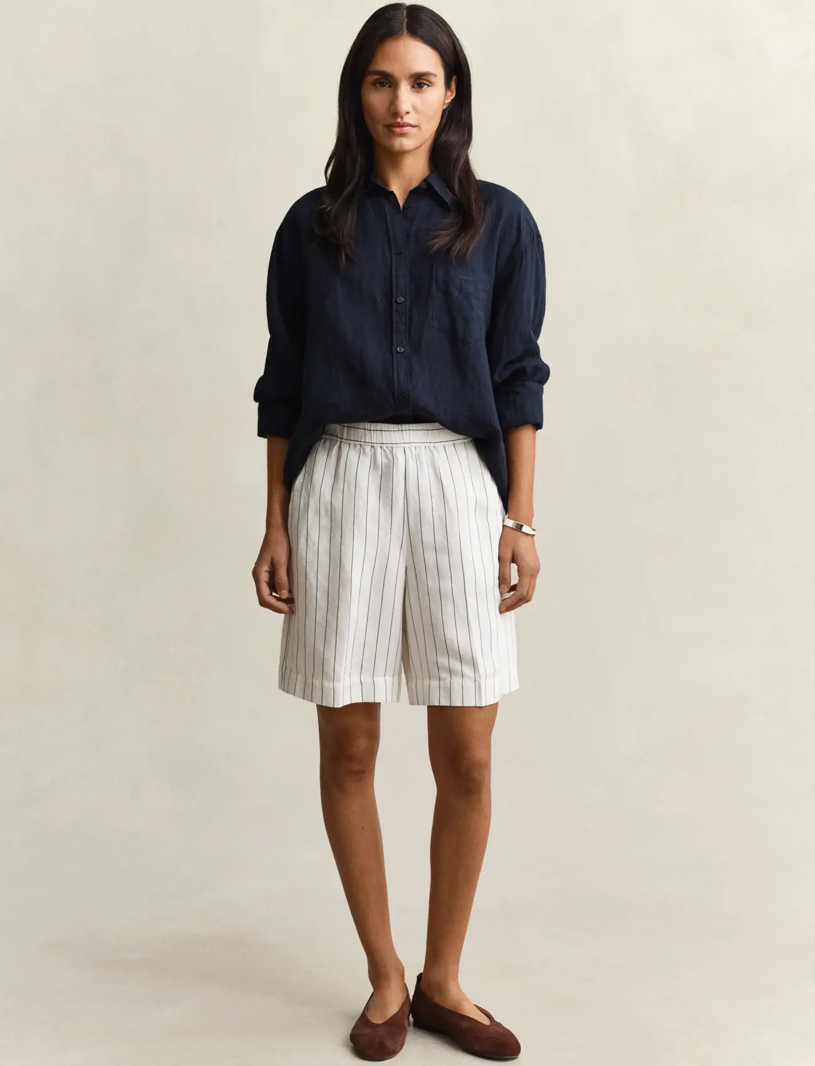 Striped Linen Blend Pull On Shorts
