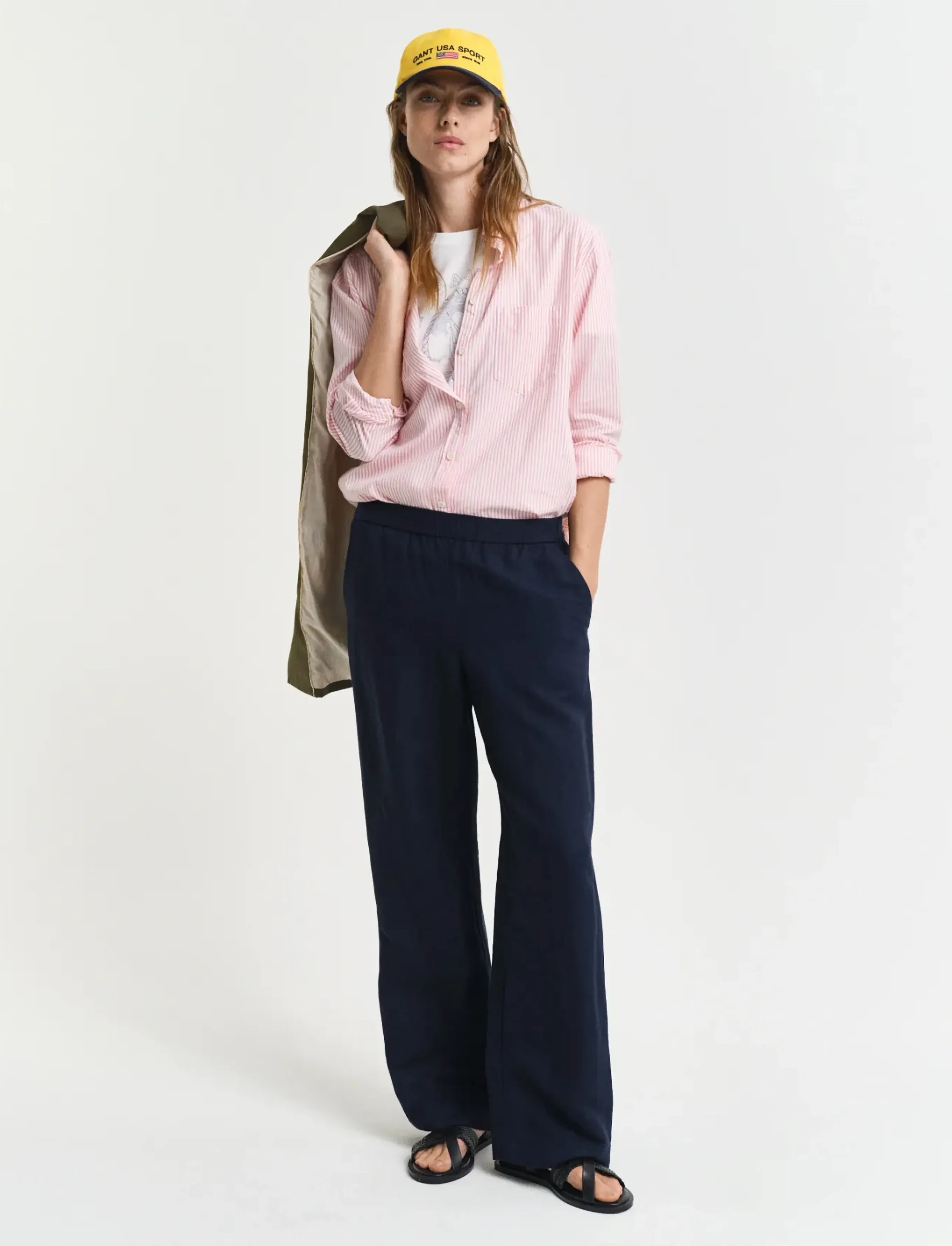 Gant Linen Blend Pull On Pants, 36, Trousers, Marineblau - Straight Leg, Frauen