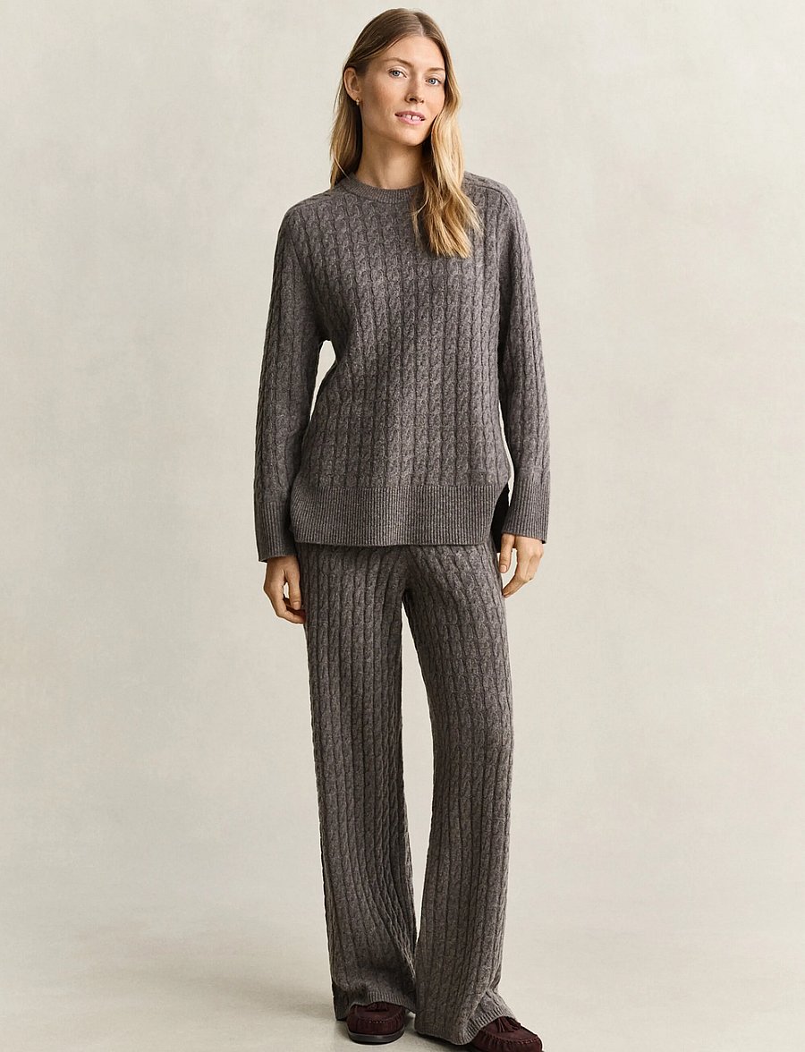 Gant - WOOL CASHMERE CABLE KNIT PANTS - hosen mit weitem bein - brown melange - 1