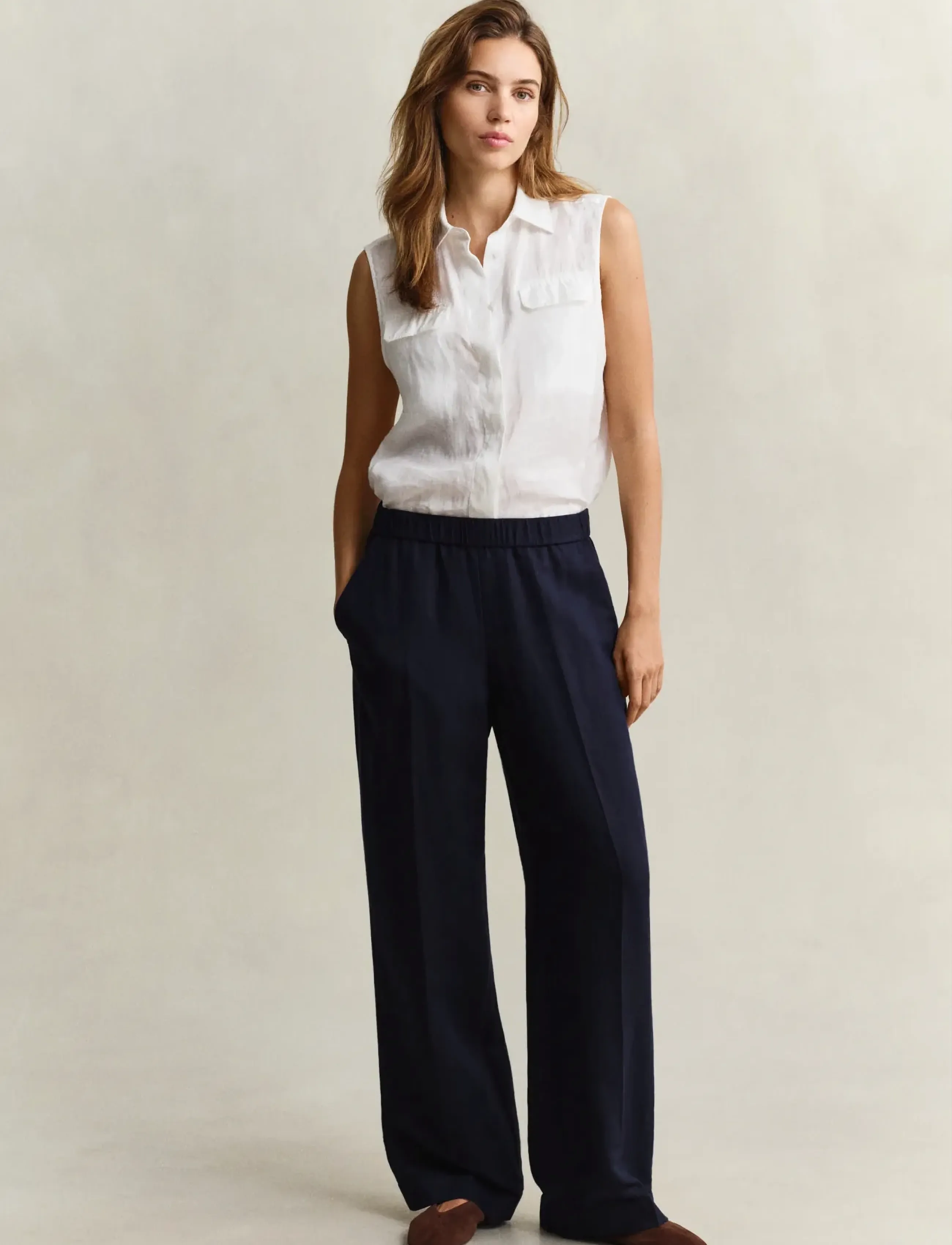 Gant Linen Blend Pull On Pants, 38, Trousers, Marineblau - Straight Leg, Frauen
