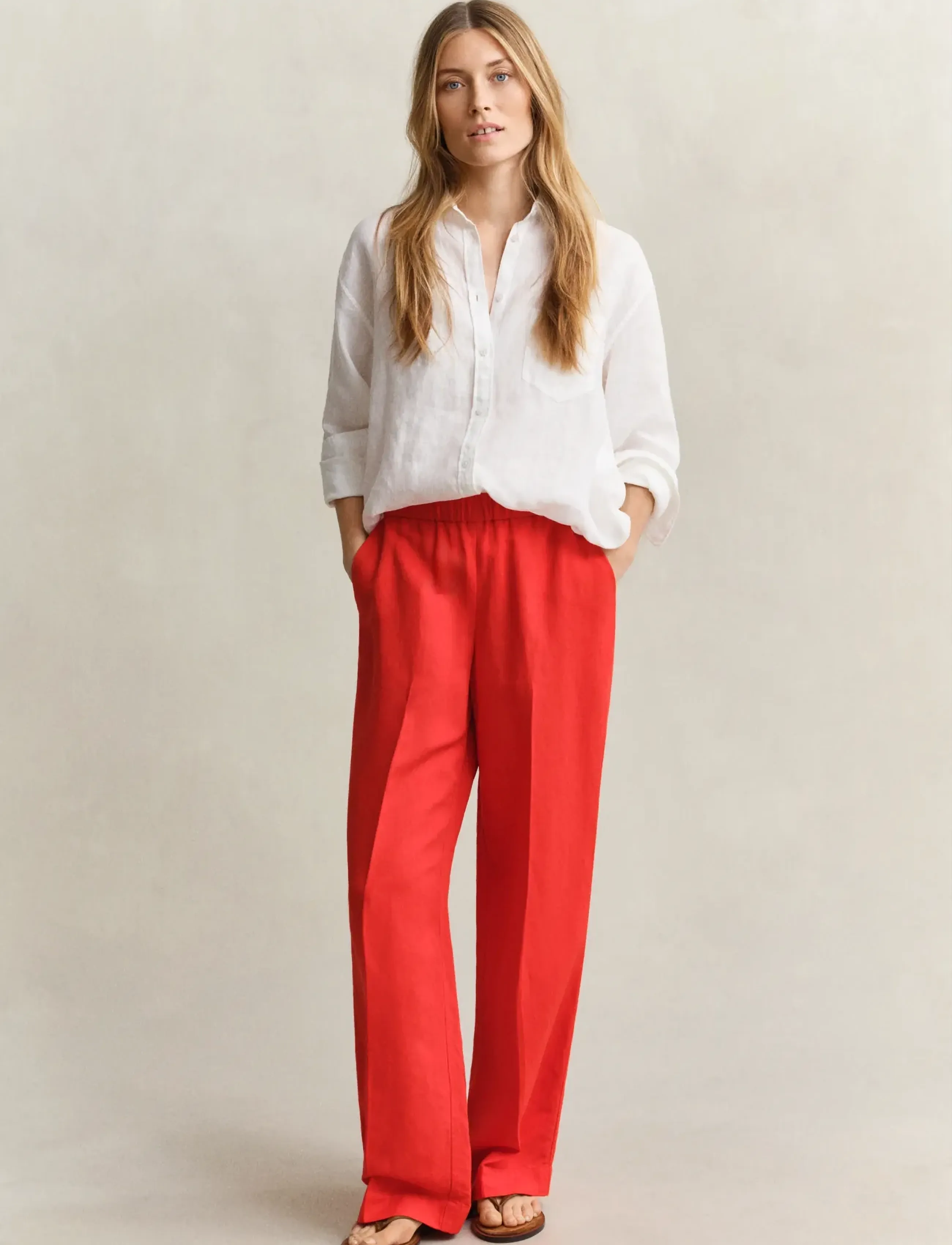 Gant Linen Blend Pull On Pants, 42, Red, Bukser > Lige Ben, Dame