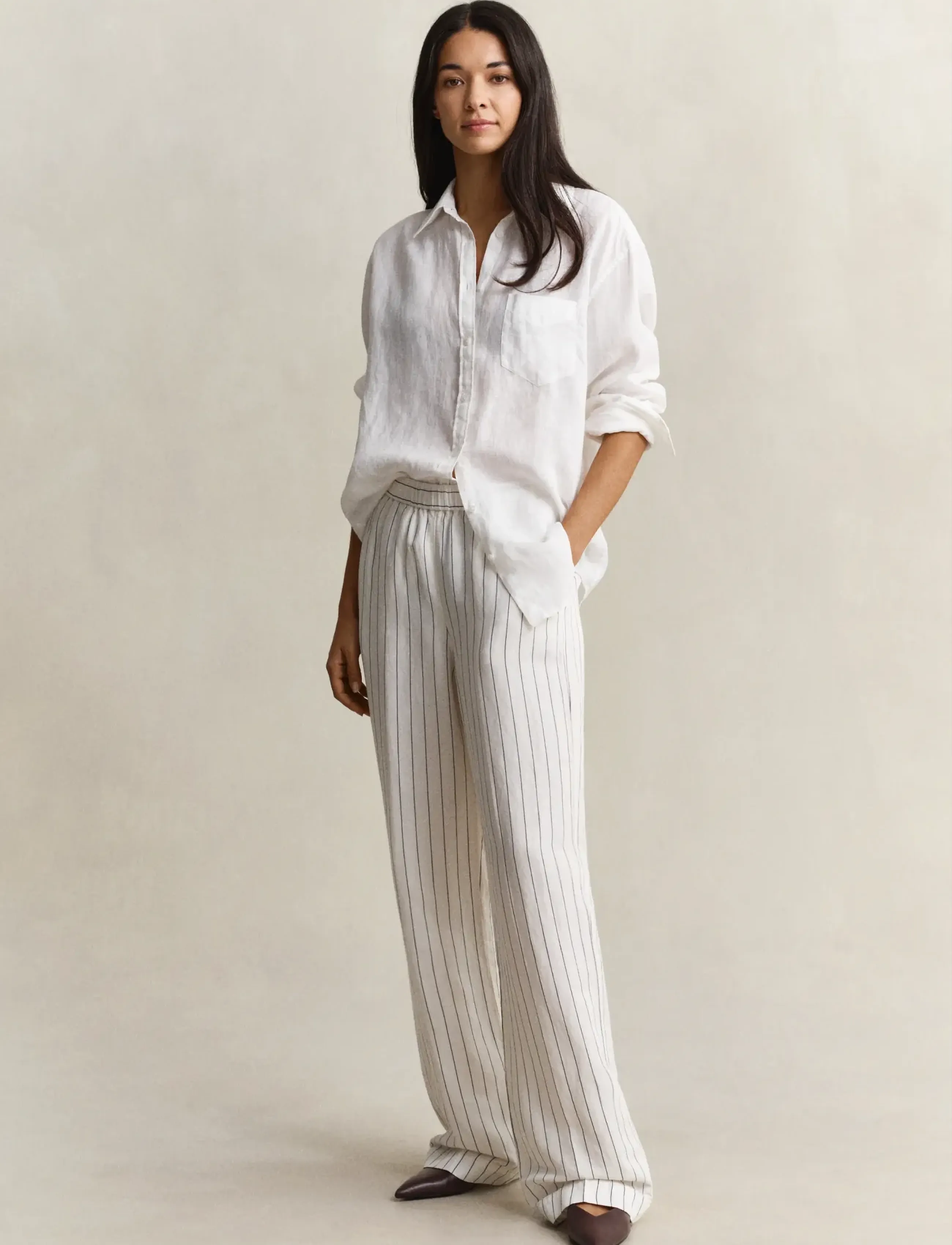 GANT STRIPED LINEN BLEND PULL ON PANTS - Sirge säärega püksid - EGGSHELL / white