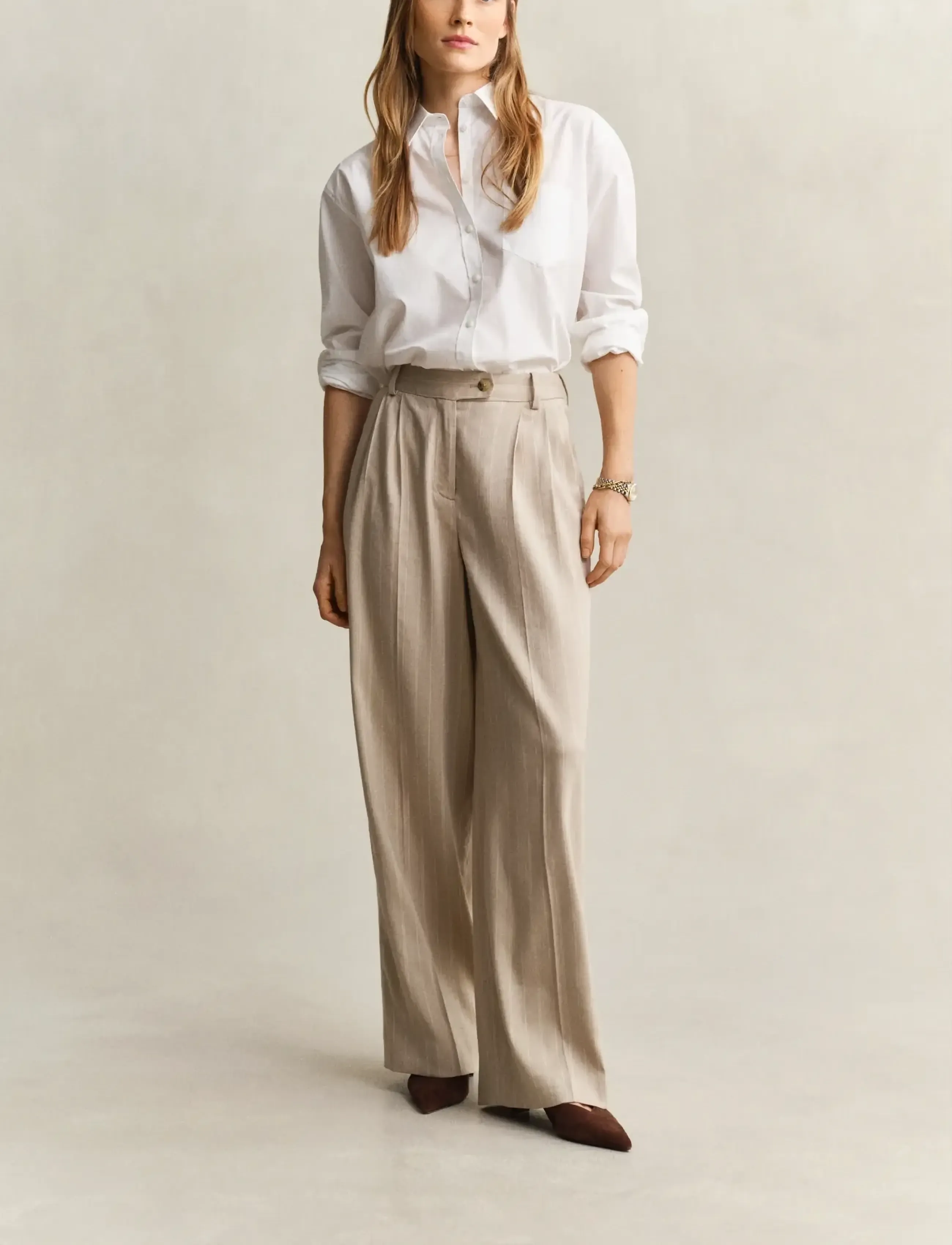 Gant Pinstripe Linen Blend Pants, 40, Trousers, Beige - Wide Leg, Frauen