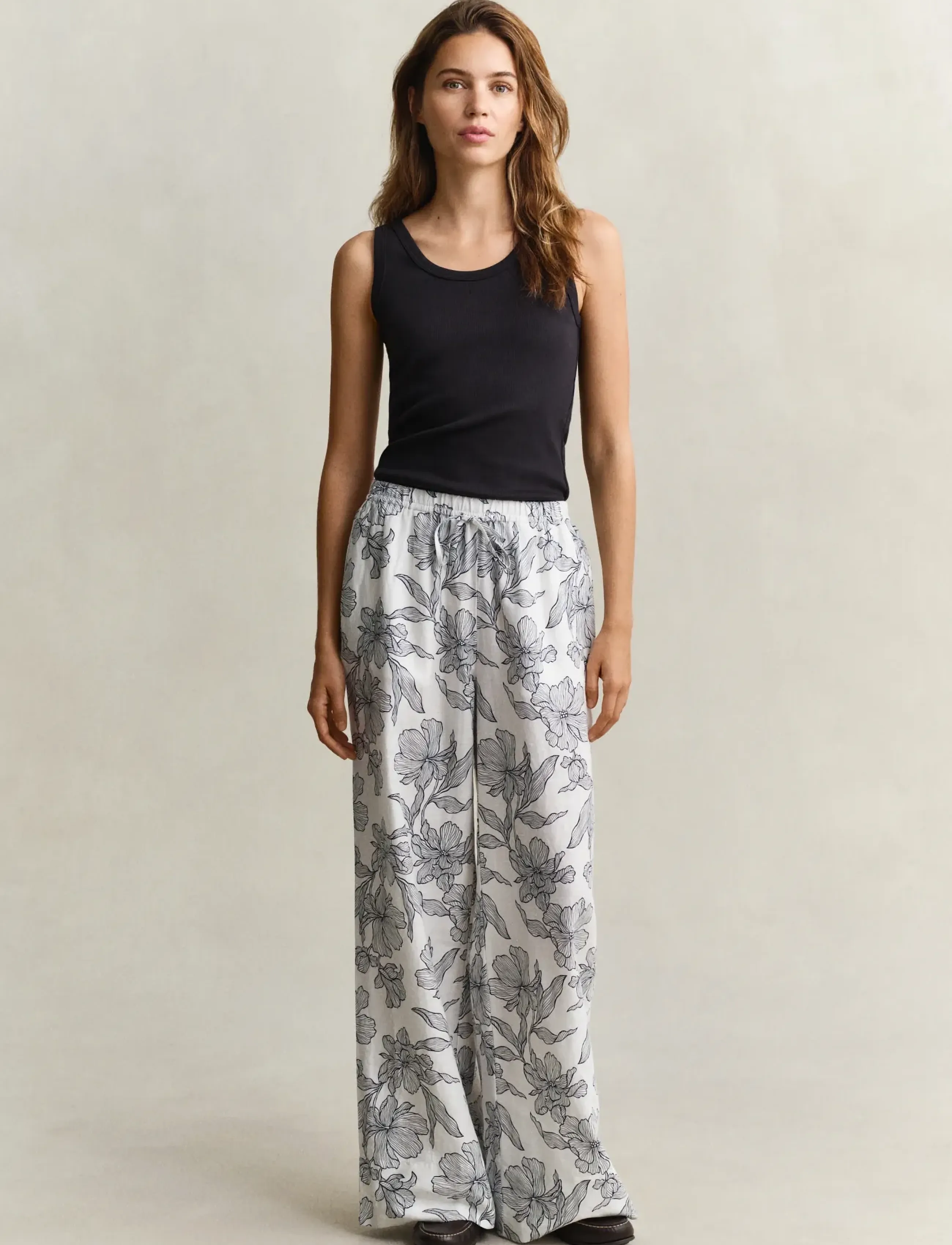 Gant Floral Print Linen Pull On Pants, 40, Trousers, Blau - Frauen