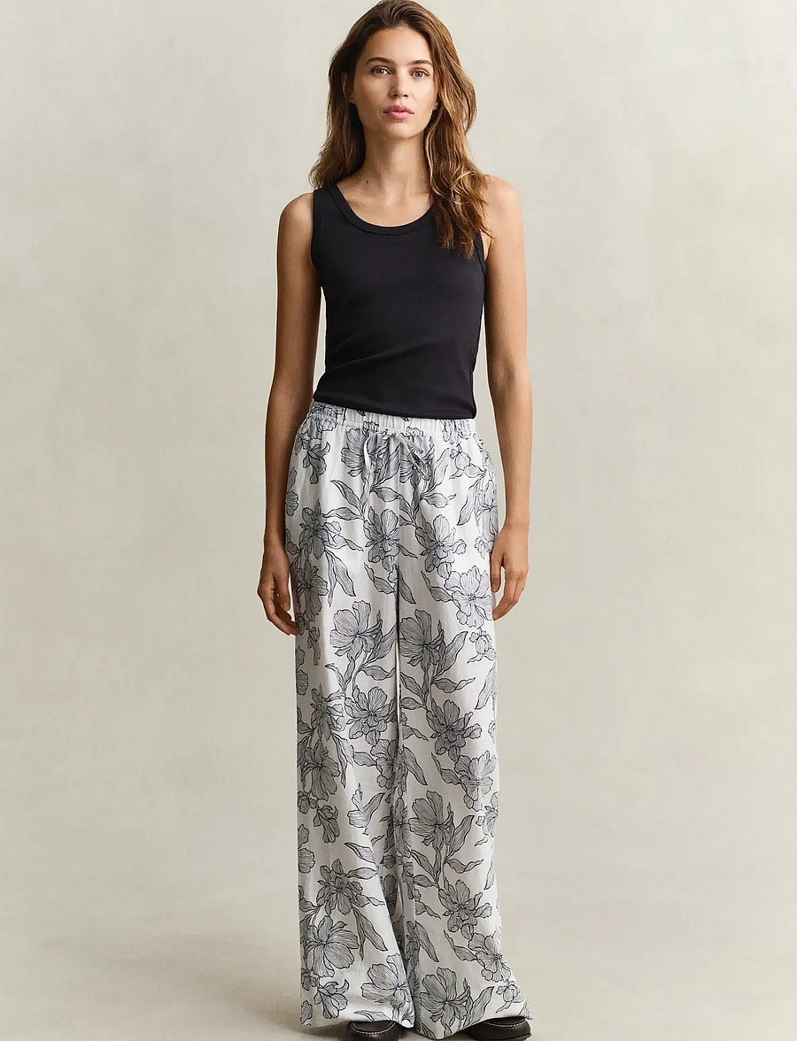 Gant - FLORAL PRINT LINEN PULL ON PANTS - leinenhosen - evening blue - 0