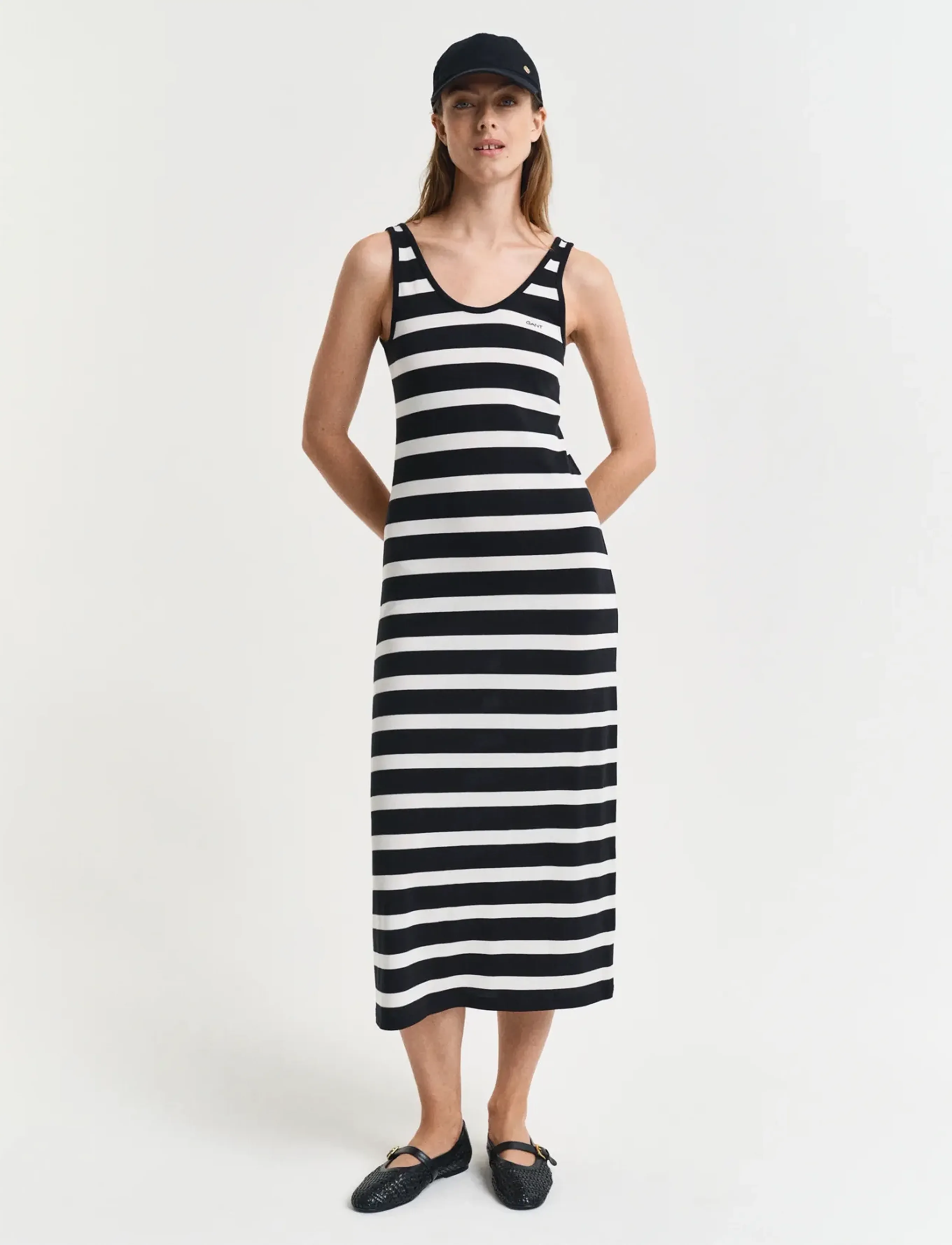 Gant STRIPED FLUID MIDI JERSEY DRESS - Kleider - BLACK / black