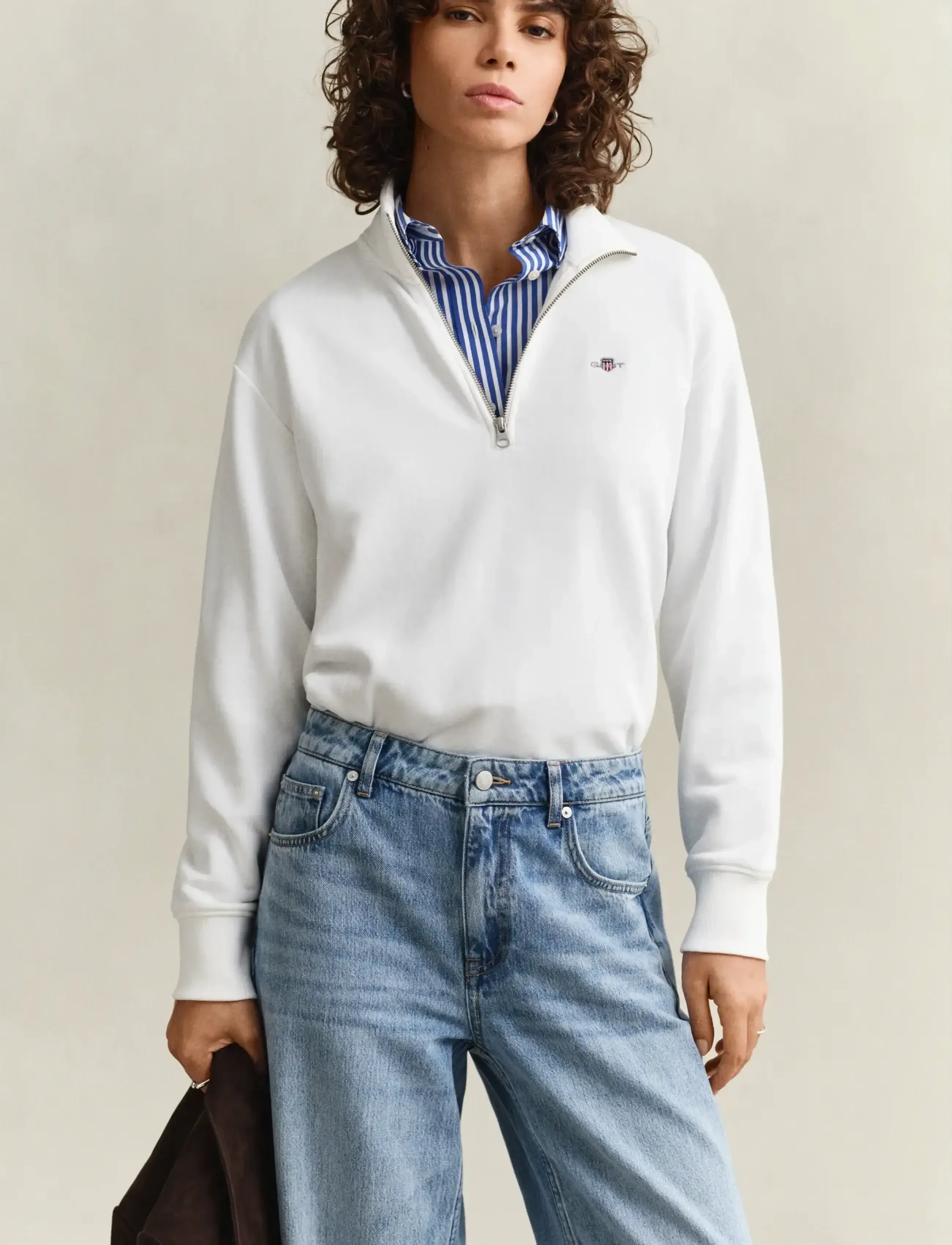 Gant Shield Half-Zip, Kvinder, Sweatshirt Med Halv Lynlås, Hvid, Str: L