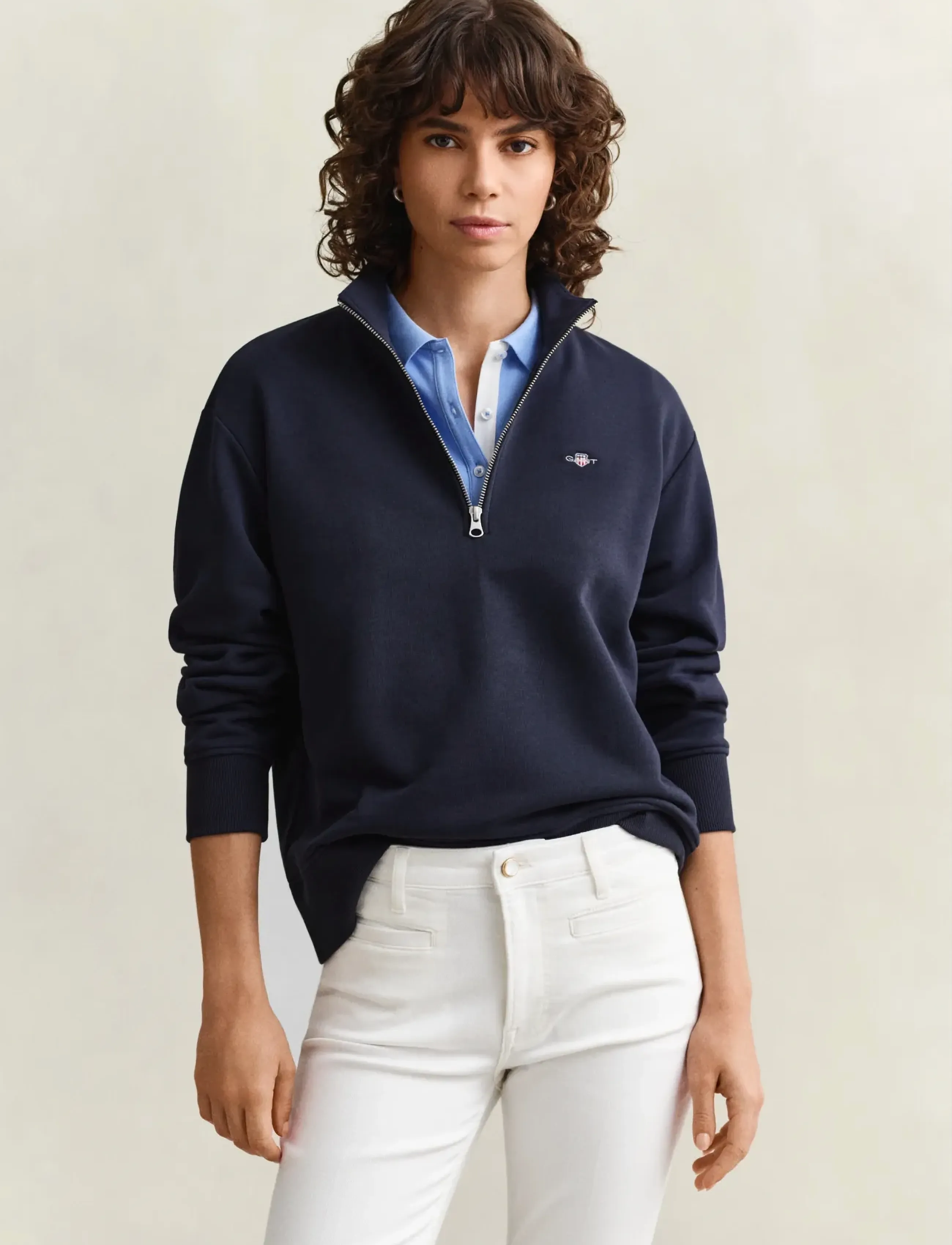 Gant Shield Half-Zip, Kvinder, Sweatshirt Med Halv Lynlås, Navy, Str: XXL