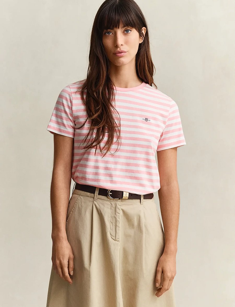 Gant - REG STRIPED SHIELD SS T-SHIRT - t-shirts - lilly pink - 0