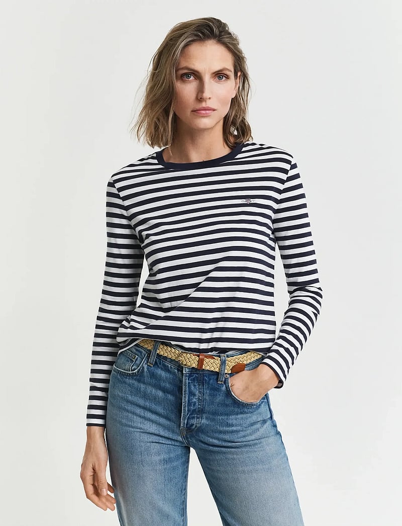 GANT - REG STRIPED SHIELD LS T-SHIRT - langärmlige tops - evening blue - 0