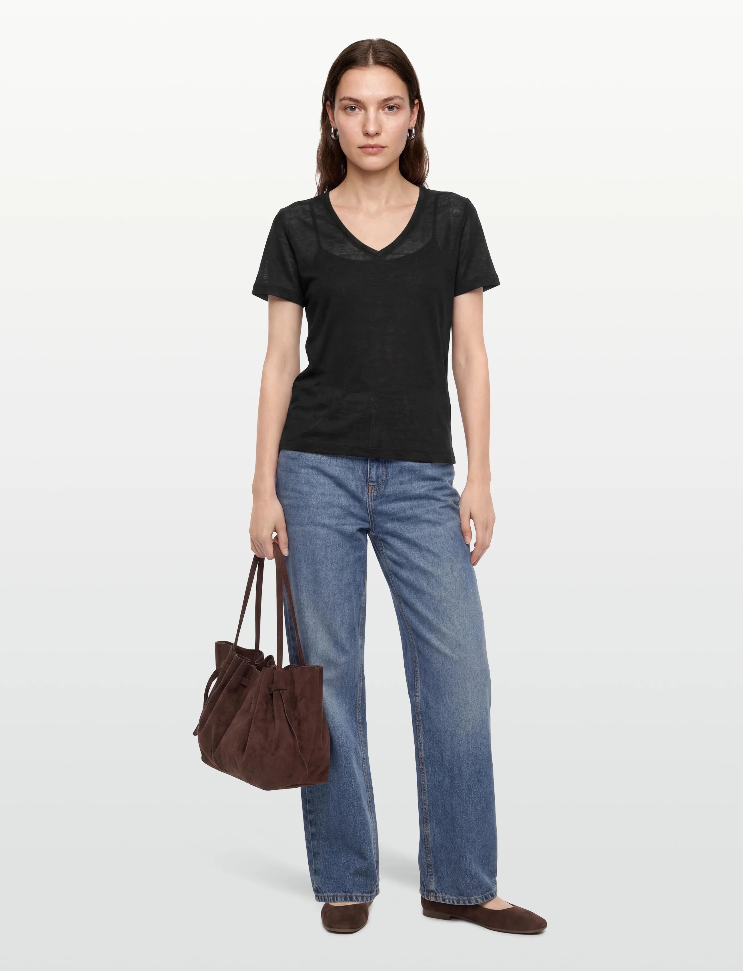 Gant REG LINEN V-NECK SS T-SHIRT - T-krekli - BLACK / black