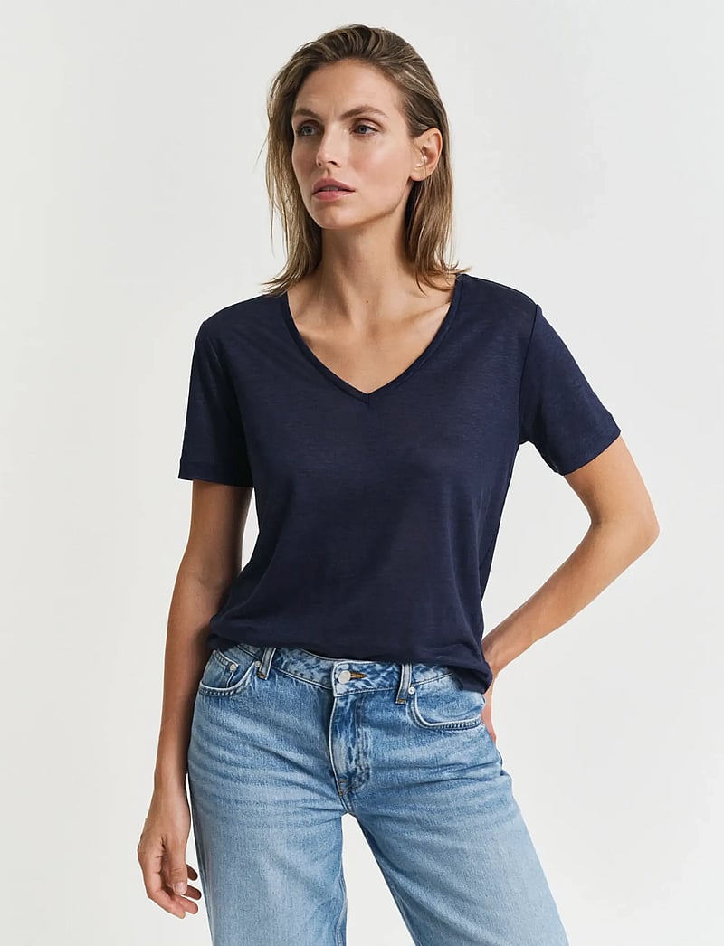 GANT - REG LINEN V-NECK SS T-SHIRT - t-shirts - evening blue - 0