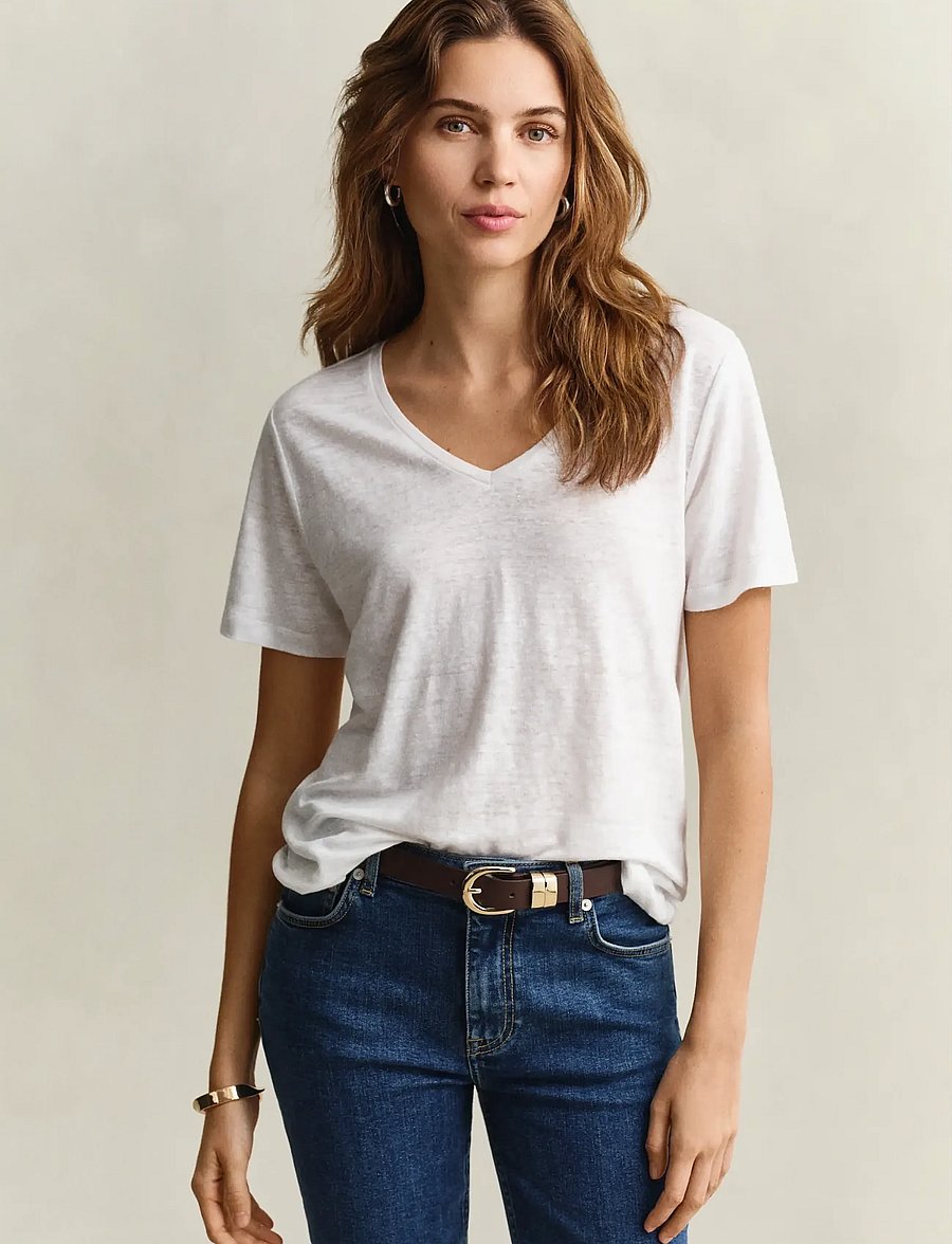 Gant - REG LINEN V-NECK SS T-SHIRT - t-shirts - white - 0