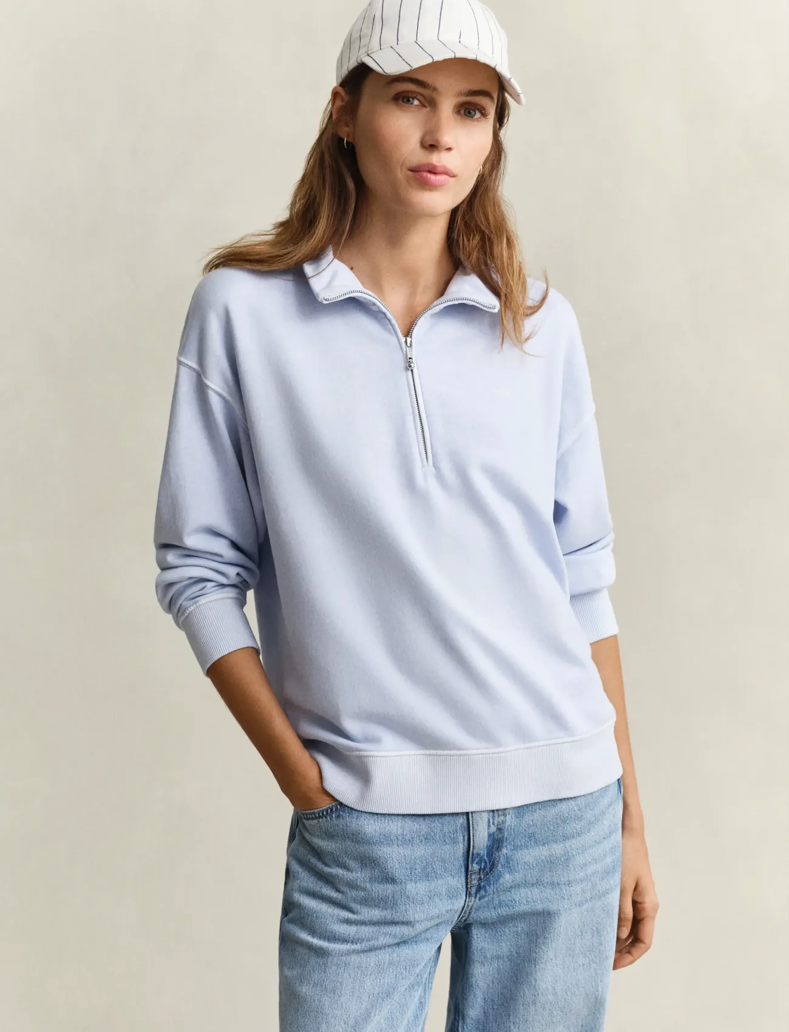 Gant Washed Shield Half Zip Sweat, L, Blue, Sweatshirts & Hættetrøjer > Sweatshirts, Dame