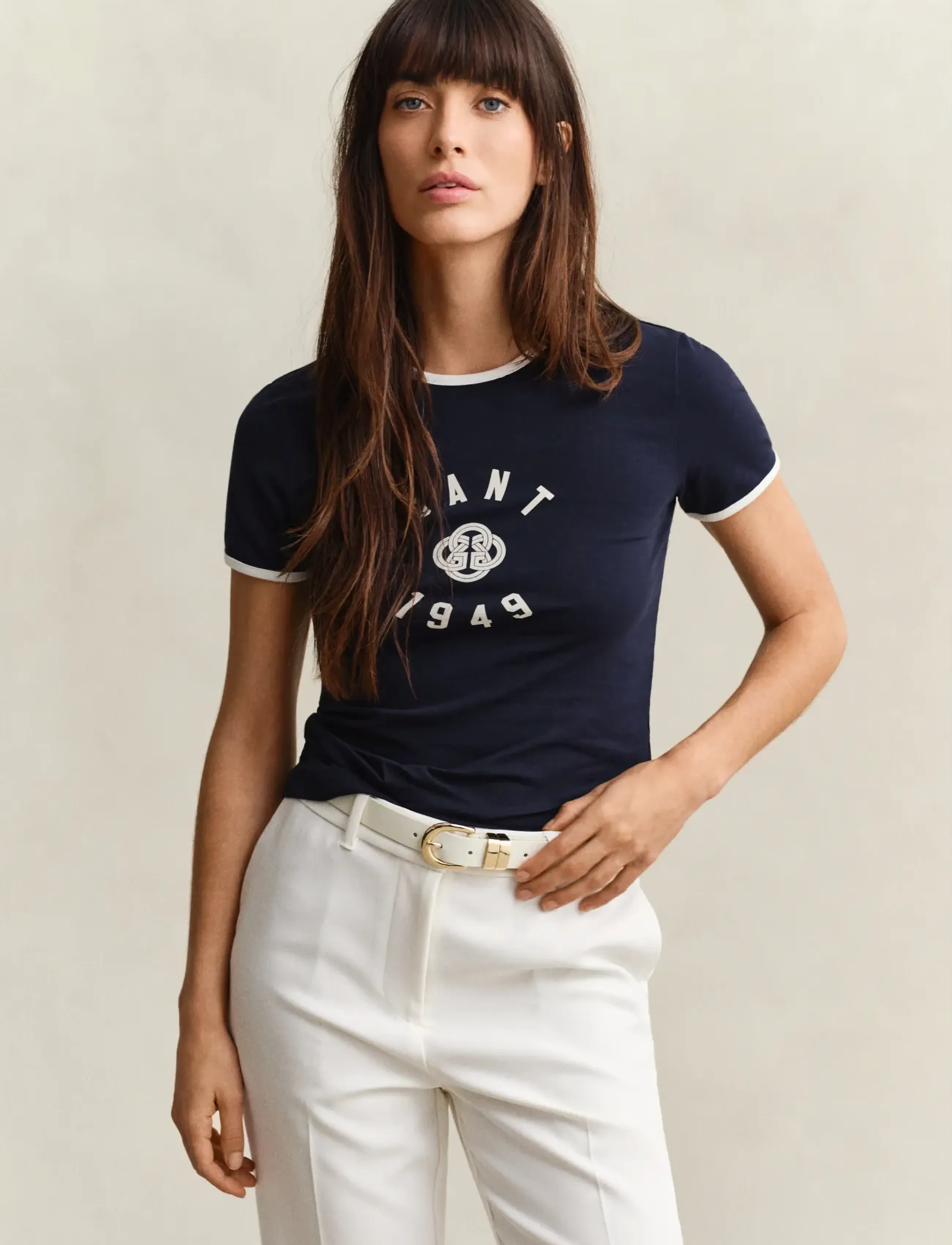 Gant Slim Ss Ringer T-Shirt, XL, Navy, T-Shirts & Toppe > Kortærmede, Dame