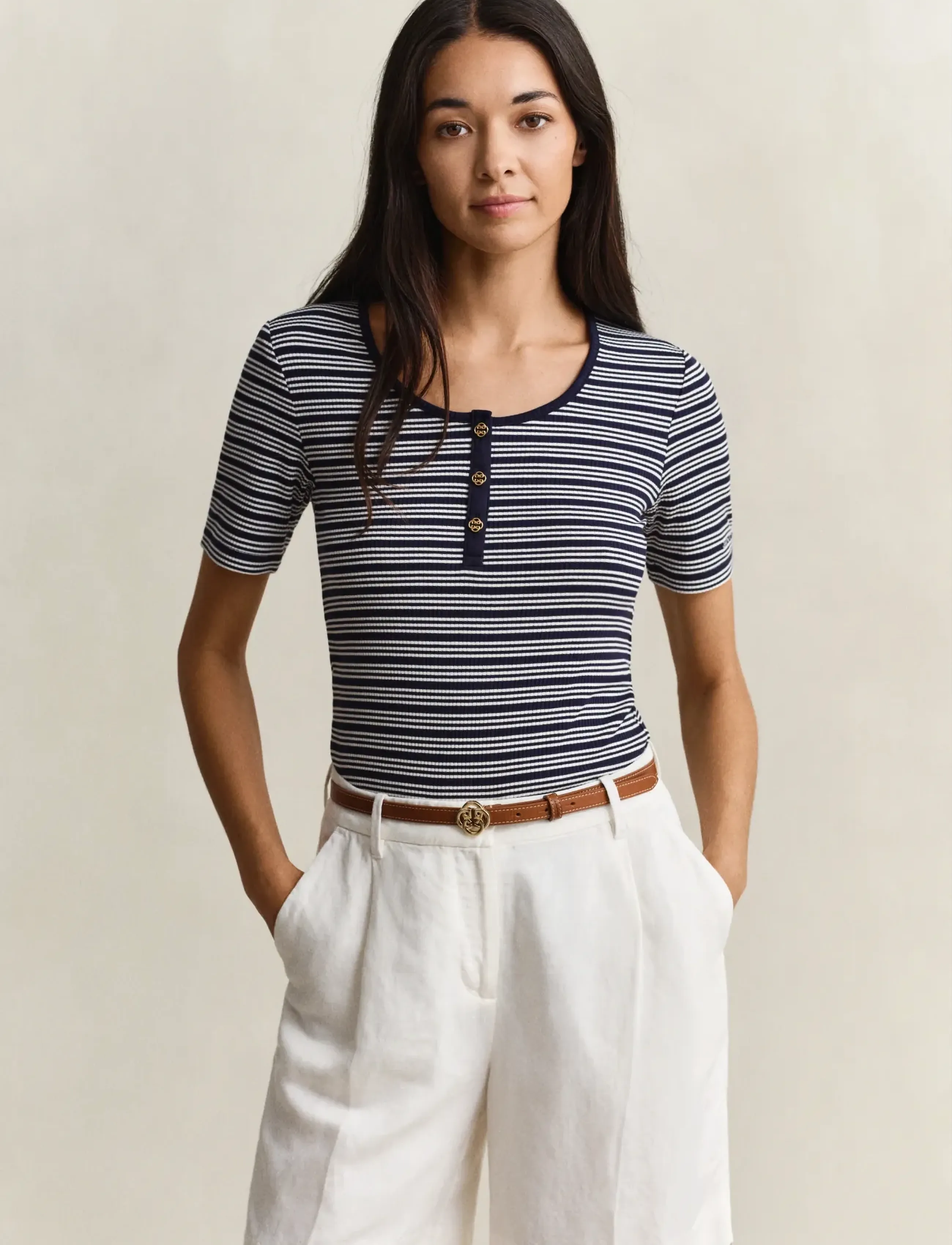 Gant Slim Ribbed Ss Henley Top, M, T-shirts & Oberteile, Marineblau - Short-sleeved, Frauen